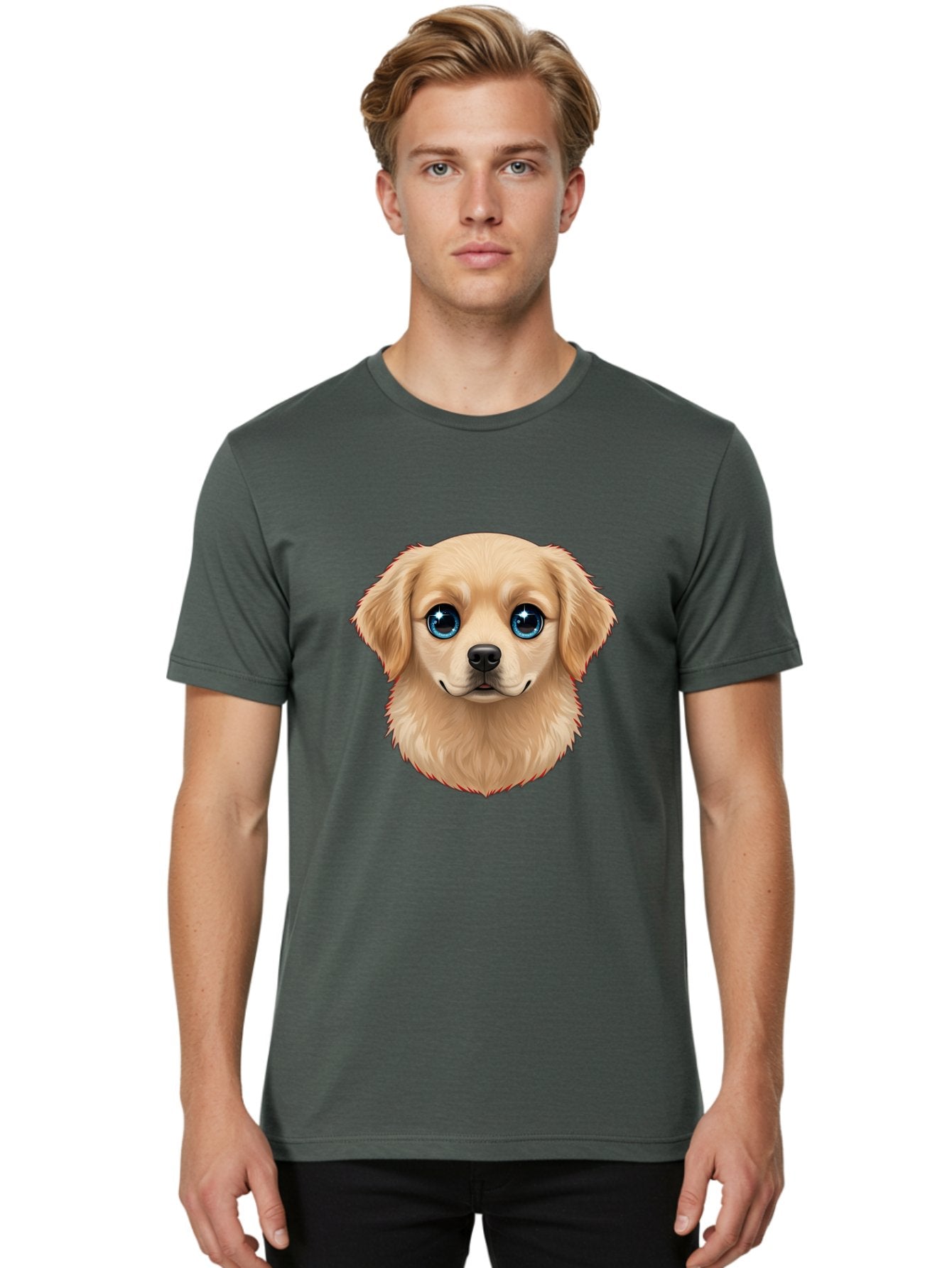 Puppy-Head Men'S Graphic Tee, 100% Cotton, Comfortable Casual Summer Wear, Machine Washable, Adorable Puppy, Cute Dog Face, Big Blue Eyes, Fluffy Fur, Sweet Expression, Cartoon Dog, Digital Art, Puppy Love, Furry Friend Bac347 16