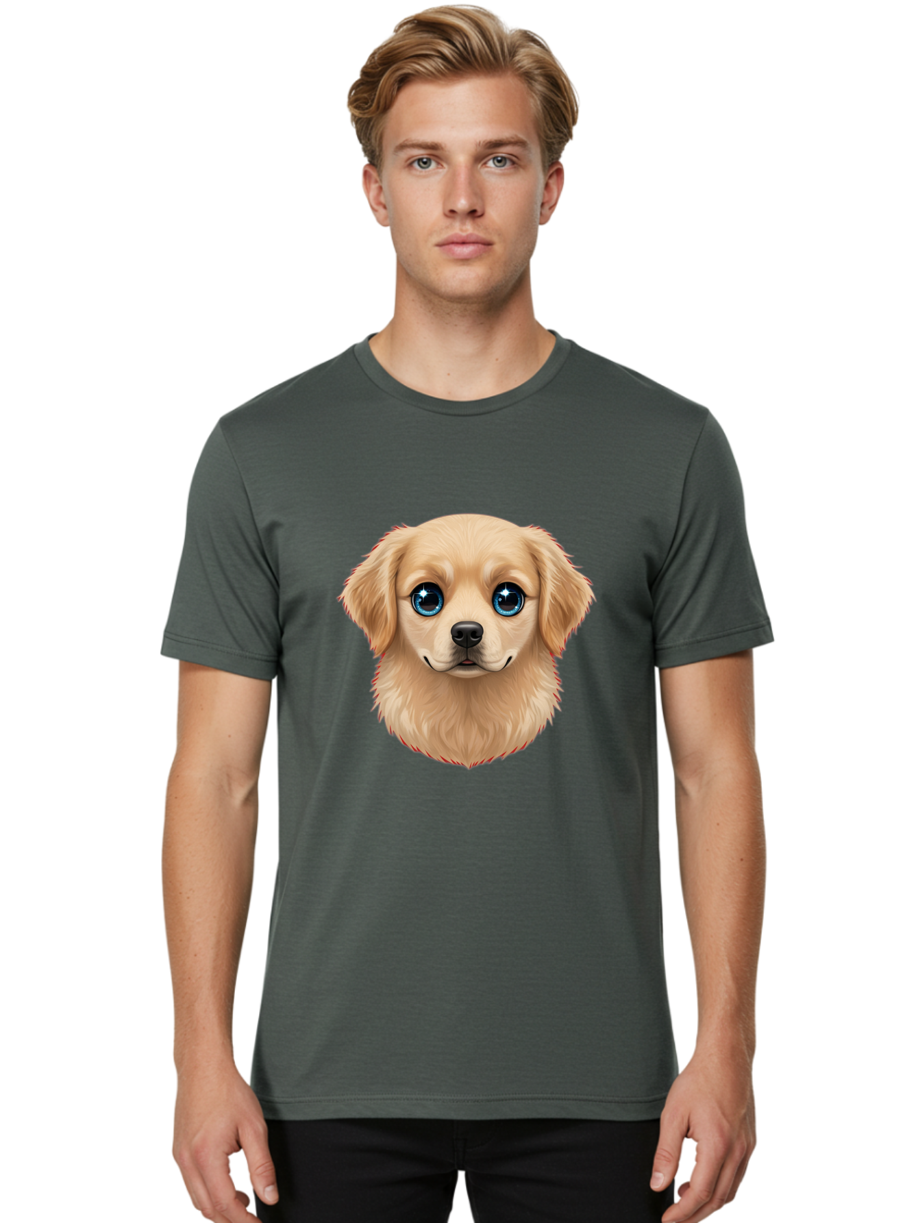 Puppy-Head Men'S Graphic Tee, 100% Cotton, Comfortable Casual Summer Wear, Machine Washable, Adorable Puppy, Cute Dog Face, Big Blue Eyes, Fluffy Fur, Sweet Expression, Cartoon Dog, Digital Art, Puppy Love, Furry Friend Bac347 28