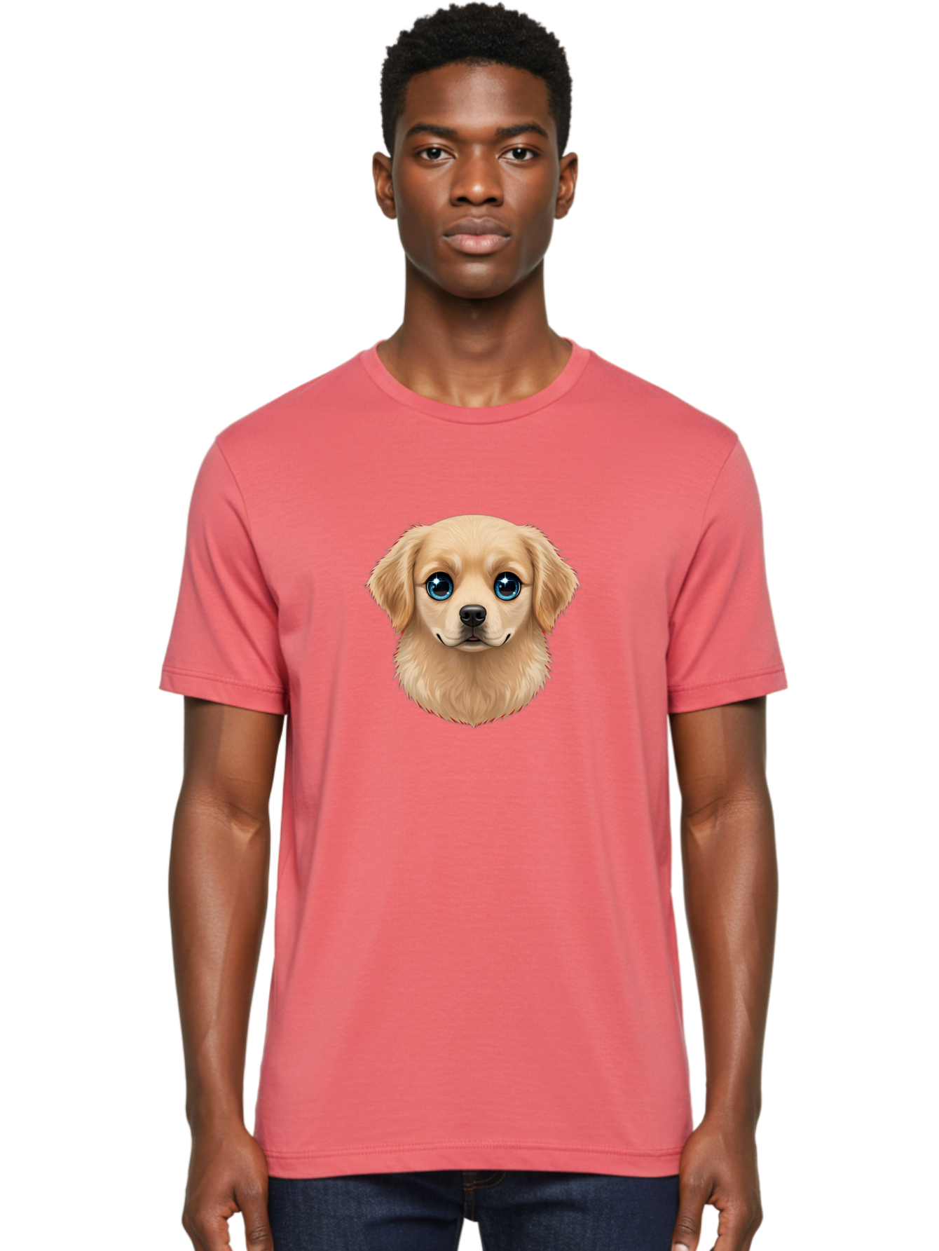 Puppy-Head Men'S Graphic Tee, 100% Cotton, Comfortable Casual Summer Wear, Machine Washable, Adorable Puppy, Cute Dog Face, Big Blue Eyes, Fluffy Fur, Sweet Expression, Cartoon Dog, Digital Art, Puppy Love, Furry Friend Bac347 29