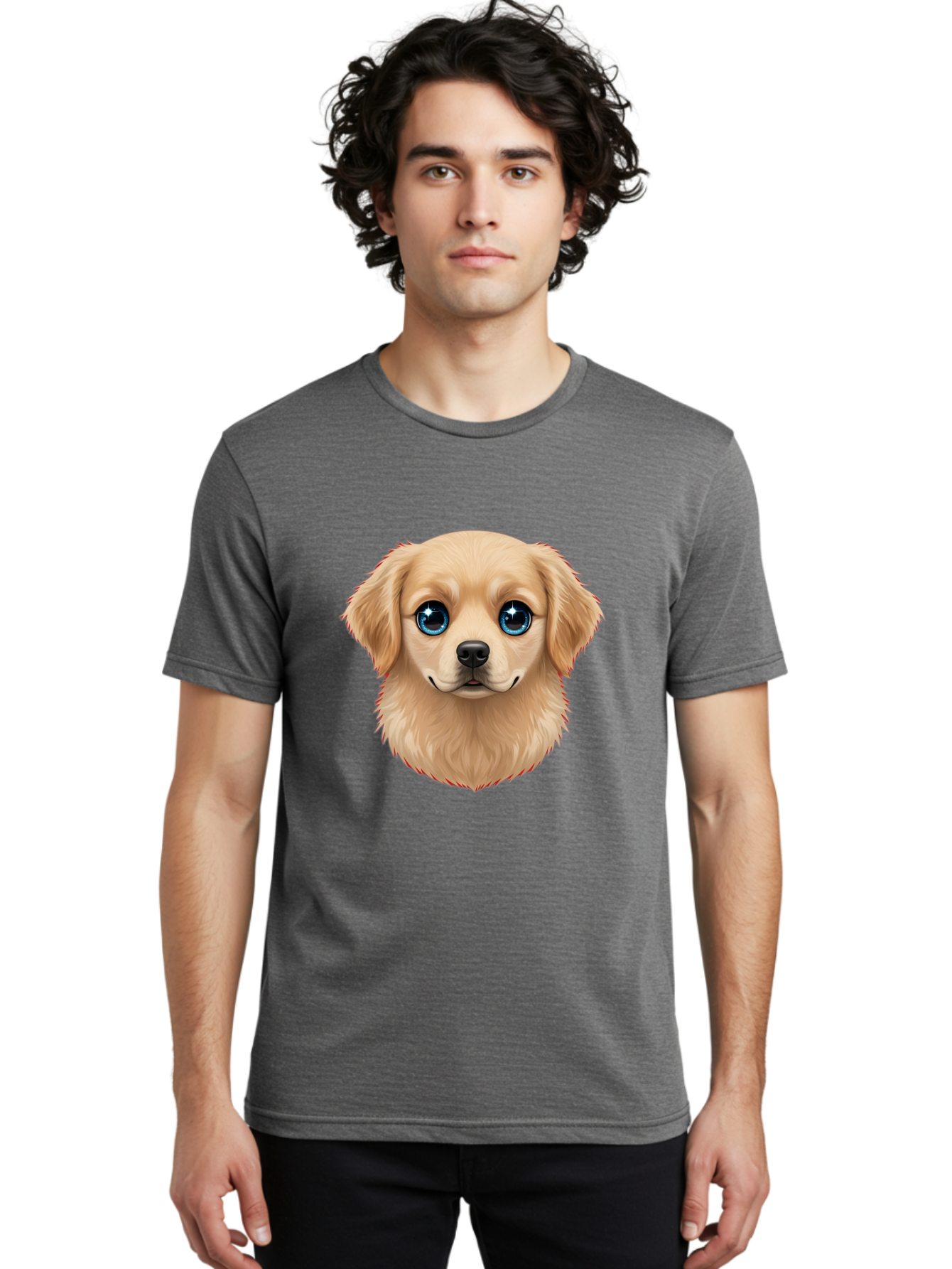Puppy-Head Men'S Graphic Tee, 100% Cotton, Comfortable Casual Summer Wear, Machine Washable, Adorable Puppy, Cute Dog Face, Big Blue Eyes, Fluffy Fur, Sweet Expression, Cartoon Dog, Digital Art, Puppy Love, Furry Friend Bac347 21