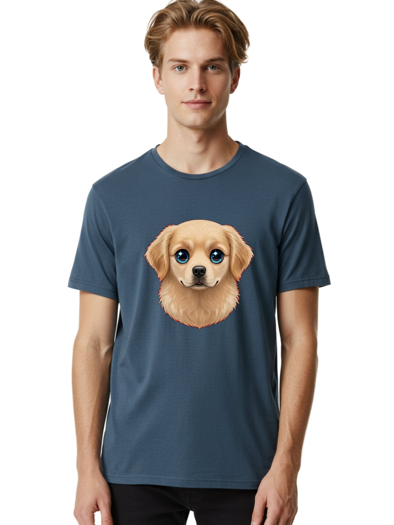 Puppy-Head Men'S Graphic Tee, 100% Cotton, Comfortable Casual Summer Wear, Machine Washable, Adorable Puppy, Cute Dog Face, Big Blue Eyes, Fluffy Fur, Sweet Expression, Cartoon Dog, Digital Art, Puppy Love, Furry Friend Bac347 24
