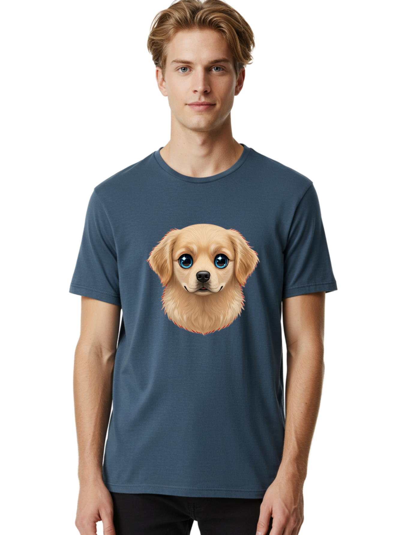 Puppy-Head Men'S Graphic Tee, 100% Cotton, Comfortable Casual Summer Wear, Machine Washable, Adorable Puppy, Cute Dog Face, Big Blue Eyes, Fluffy Fur, Sweet Expression, Cartoon Dog, Digital Art, Puppy Love, Furry Friend Bac347 22