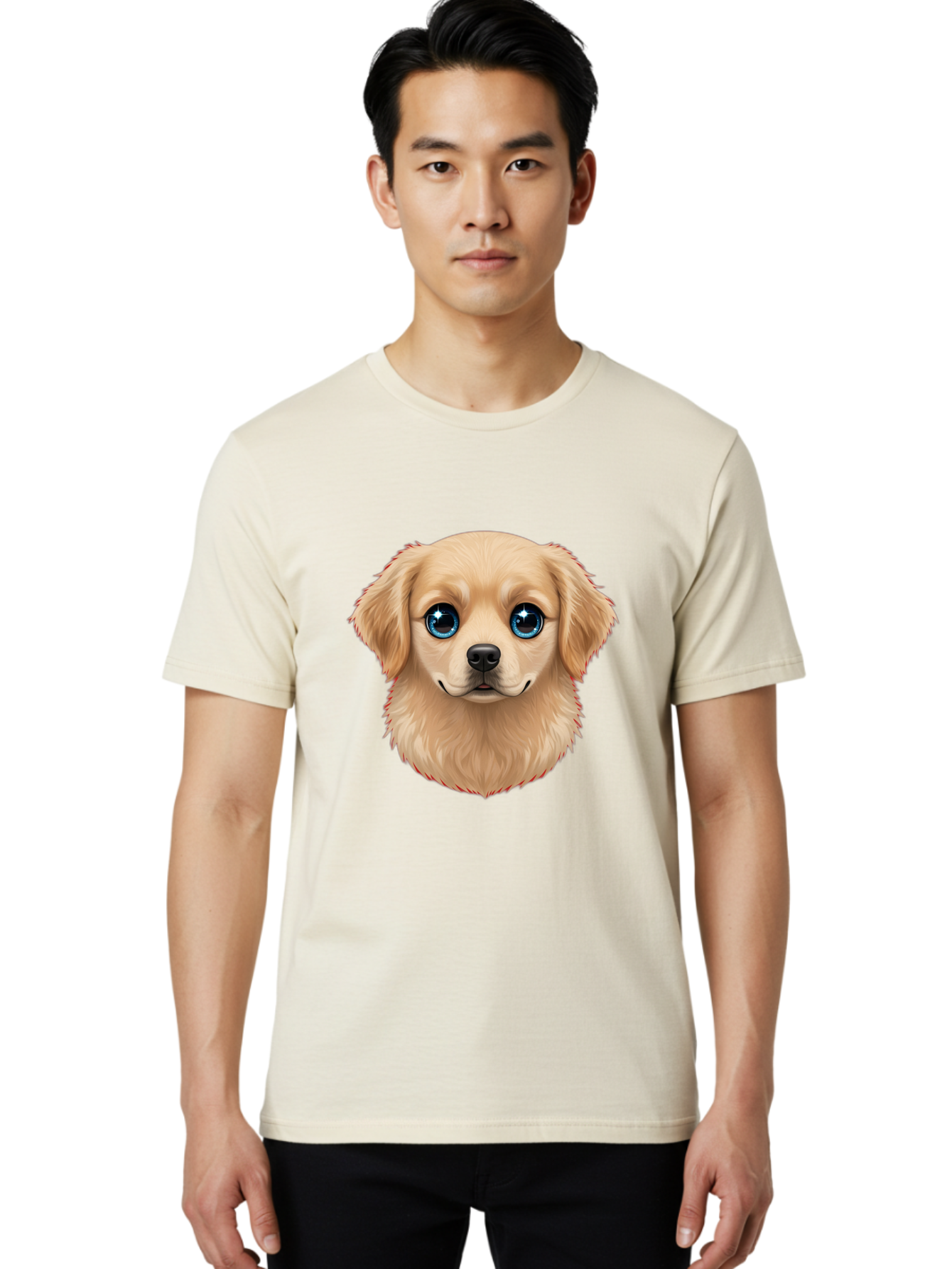 Puppy-Head Men'S Graphic Tee, 100% Cotton, Comfortable Casual Summer Wear, Machine Washable, Adorable Puppy, Cute Dog Face, Big Blue Eyes, Fluffy Fur, Sweet Expression, Cartoon Dog, Digital Art, Puppy Love, Furry Friend Bac347 19