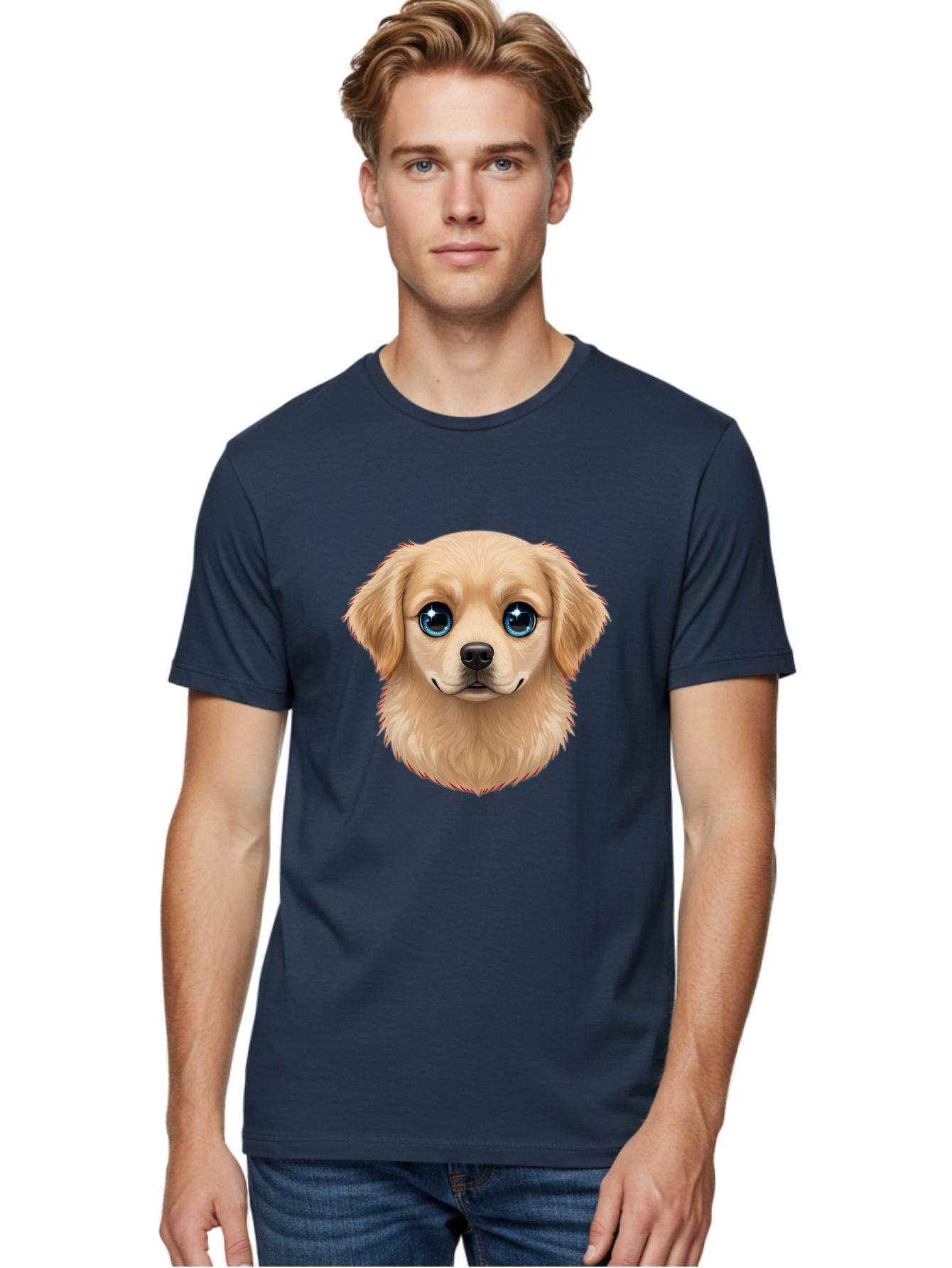 Puppy-Head Men'S Graphic Tee, 100% Cotton, Comfortable Casual Summer Wear, Machine Washable, Adorable Puppy, Cute Dog Face, Big Blue Eyes, Fluffy Fur, Sweet Expression, Cartoon Dog, Digital Art, Puppy Love, Furry Friend Bac347 27