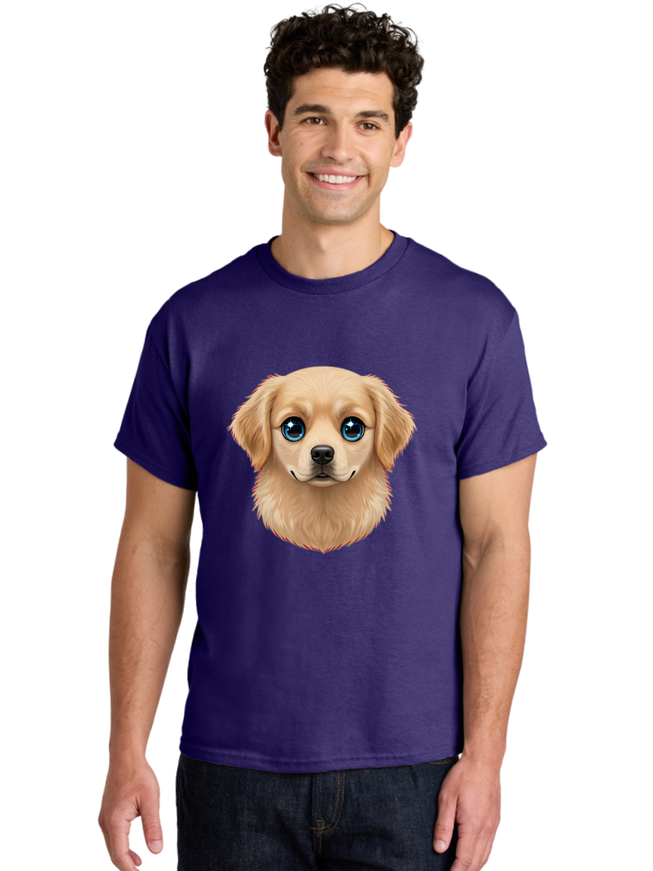 Puppy-Head Men'S Graphic Tee, 100% Cotton, Comfortable Casual Summer Wear, Machine Washable, Adorable Puppy, Cute Dog Face, Big Blue Eyes, Fluffy Fur, Sweet Expression, Cartoon Dog, Digital Art, Puppy Love, Furry Friend Bac347 23