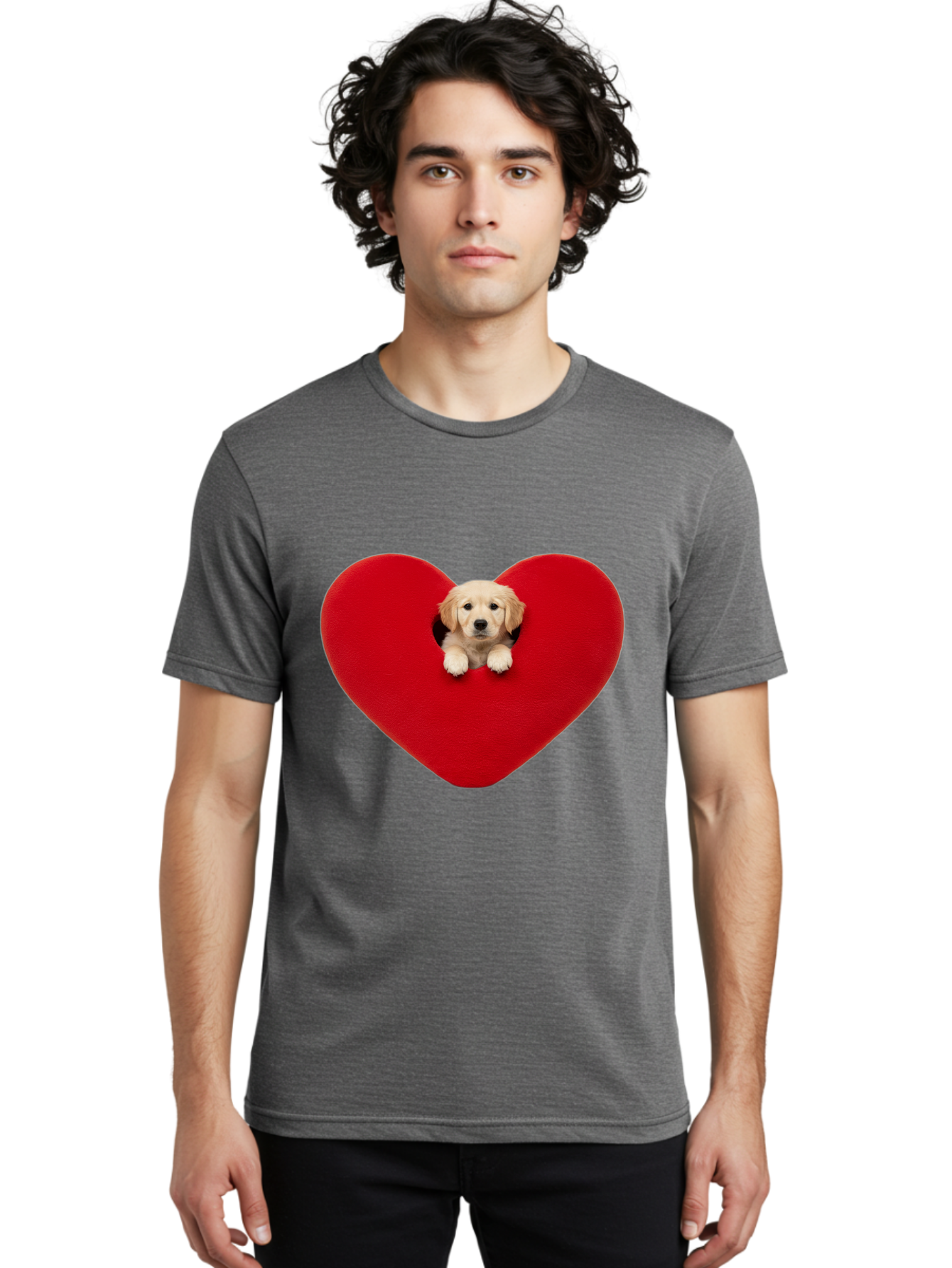 Puppy-In-Heart Men'S Graphic Tee, 100% Cotton, Comfortable Casual Summer Wear, Machine Washable, Adorable Puppy, Golden Retriever, Cute Dog, Heart Shape, Love Symbol, Heartwarming Scene, Playful Pup, Furry Friend, Heart Cutout Bac348 18