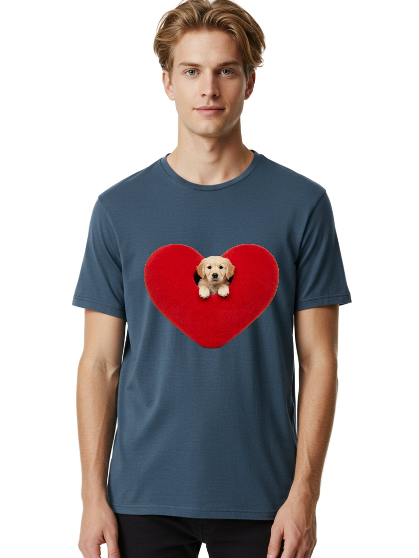 Puppy-In-Heart Men'S Graphic Tee, 100% Cotton, Comfortable Casual Summer Wear, Machine Washable, Adorable Puppy, Golden Retriever, Cute Dog, Heart Shape, Love Symbol, Heartwarming Scene, Playful Pup, Furry Friend, Heart Cutout Bac348 25