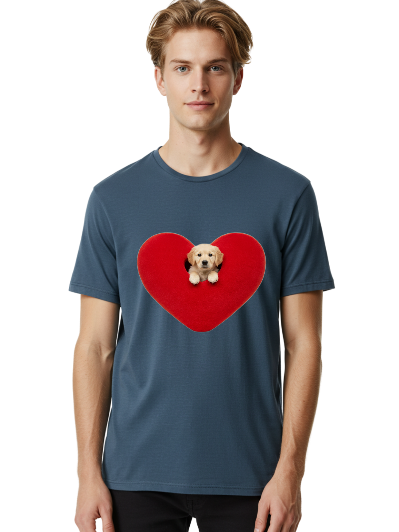 Puppy-In-Heart Men'S Graphic Tee, 100% Cotton, Comfortable Casual Summer Wear, Machine Washable, Adorable Puppy, Golden Retriever, Cute Dog, Heart Shape, Love Symbol, Heartwarming Scene, Playful Pup, Furry Friend, Heart Cutout Bac348 21