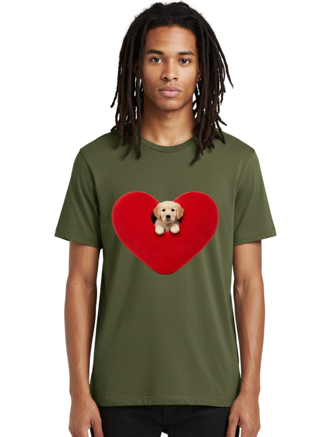 Puppy-In-Heart Men'S Graphic Tee, 100% Cotton, Comfortable Casual Summer Wear, Machine Washable, Adorable Puppy, Golden Retriever, Cute Dog, Heart Shape, Love Symbol, Heartwarming Scene, Playful Pup, Furry Friend, Heart Cutout Bac348 18