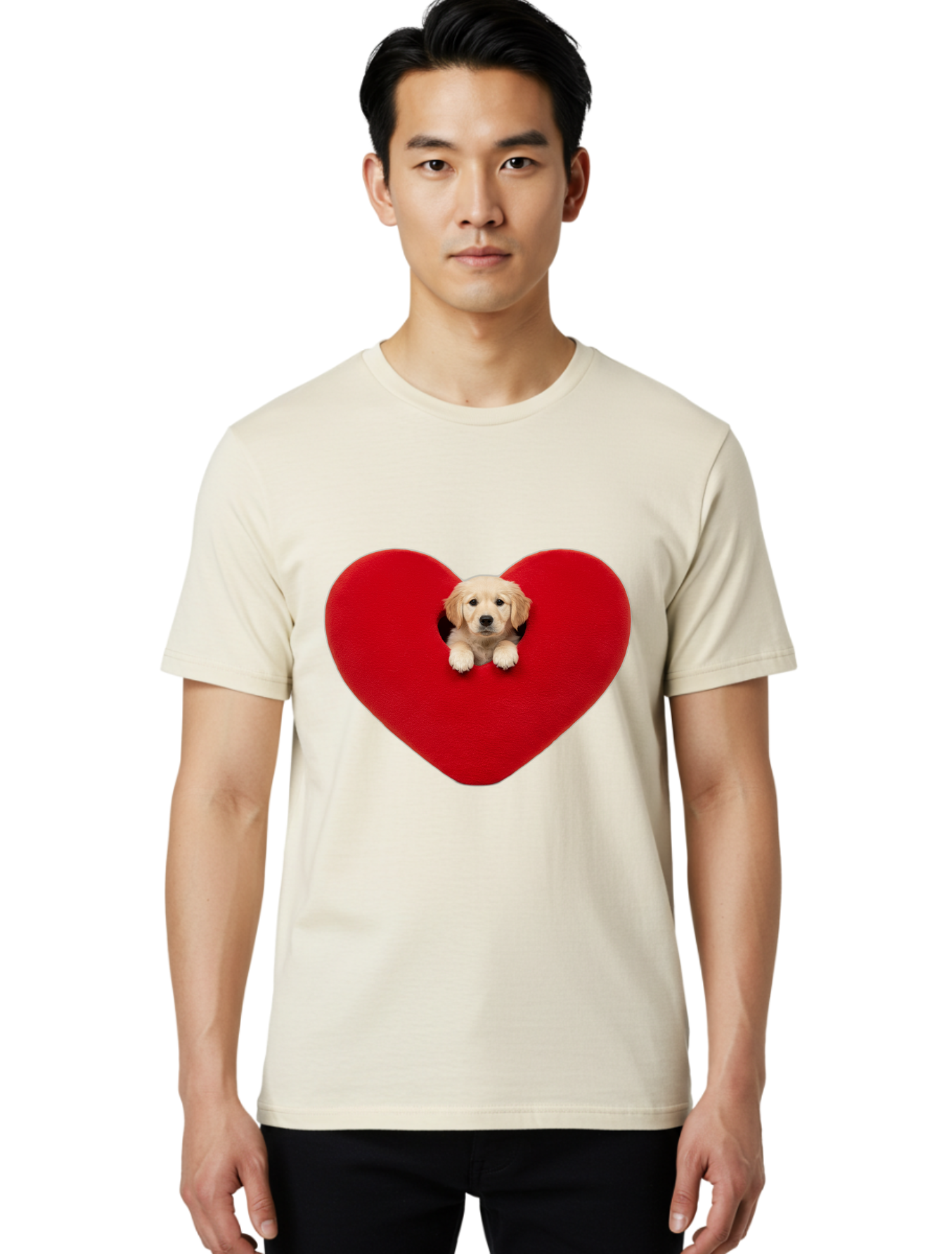 Puppy-In-Heart Men'S Graphic Tee, 100% Cotton, Comfortable Casual Summer Wear, Machine Washable, Adorable Puppy, Golden Retriever, Cute Dog, Heart Shape, Love Symbol, Heartwarming Scene, Playful Pup, Furry Friend, Heart Cutout Bac348 22