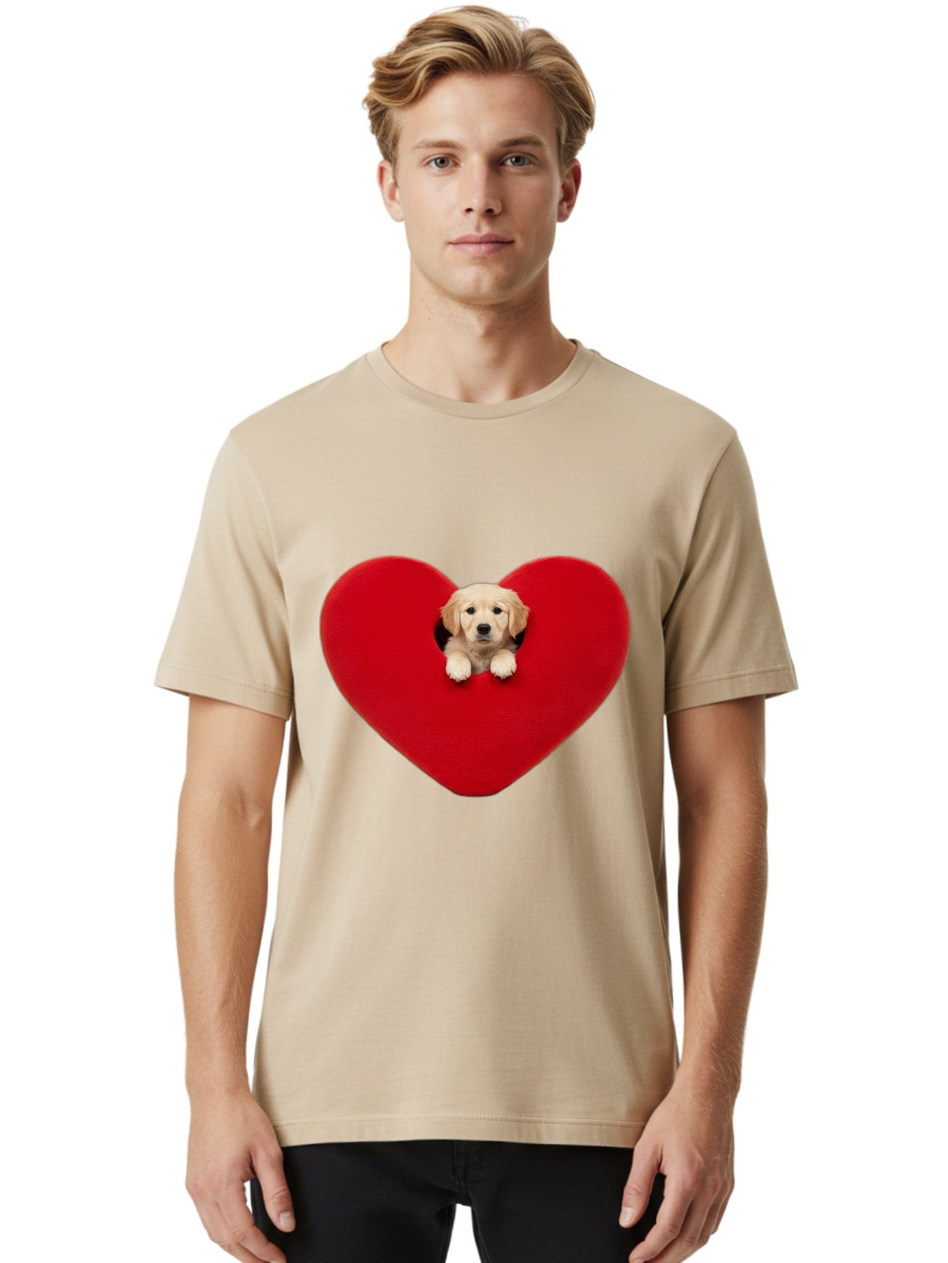 Puppy-In-Heart Men'S Graphic Tee, 100% Cotton, Comfortable Casual Summer Wear, Machine Washable, Adorable Puppy, Golden Retriever, Cute Dog, Heart Shape, Love Symbol, Heartwarming Scene, Playful Pup, Furry Friend, Heart Cutout Bac348 29