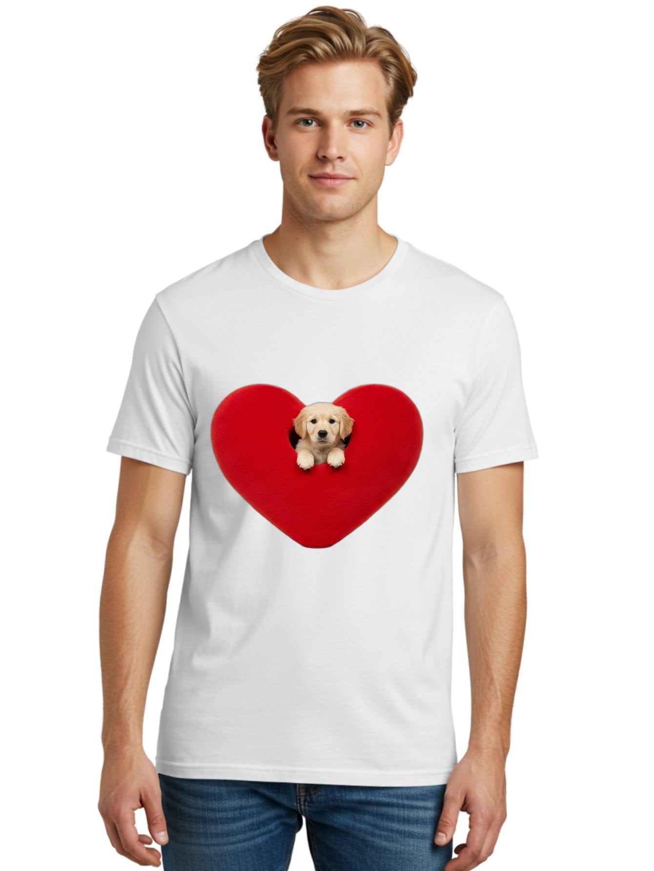 Puppy-In-Heart Men'S Graphic Tee, 100% Cotton, Comfortable Casual Summer Wear, Machine Washable, Adorable Puppy, Golden Retriever, Cute Dog, Heart Shape, Love Symbol, Heartwarming Scene, Playful Pup, Furry Friend, Heart Cutout Bac348 21