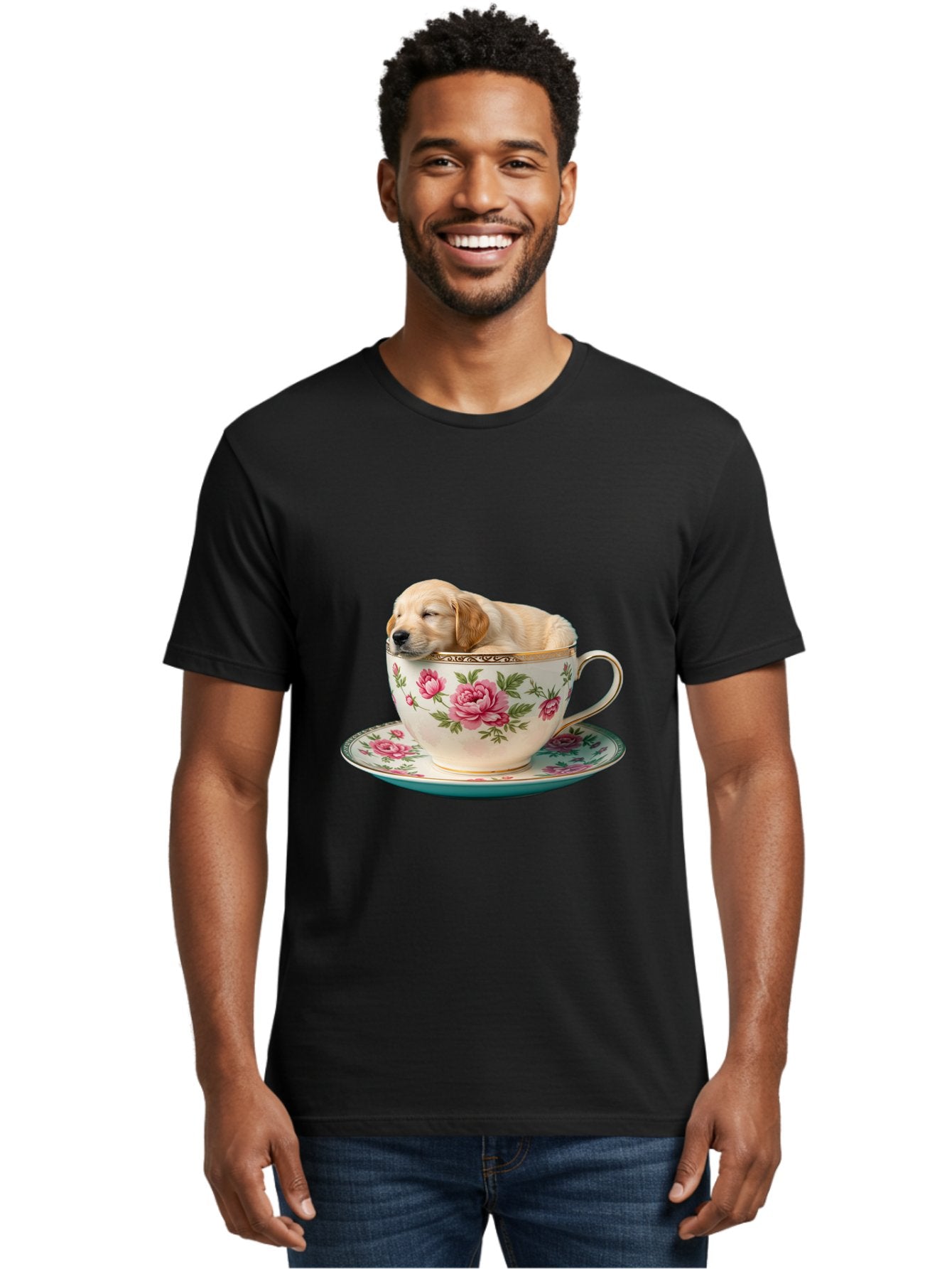 Puppy-In-Tea-Cup Men'S Graphic Tee, 100% Cotton, Comfortable Casual Summer Wear, Machine Washable, Sleeping Puppy, Adorable Puppy, Golden Retriever, Teacup, Floral Pattern, Pink Roses, Delicate China, Whimsical Scene, Cute Animals, Tea Time Bac349 22