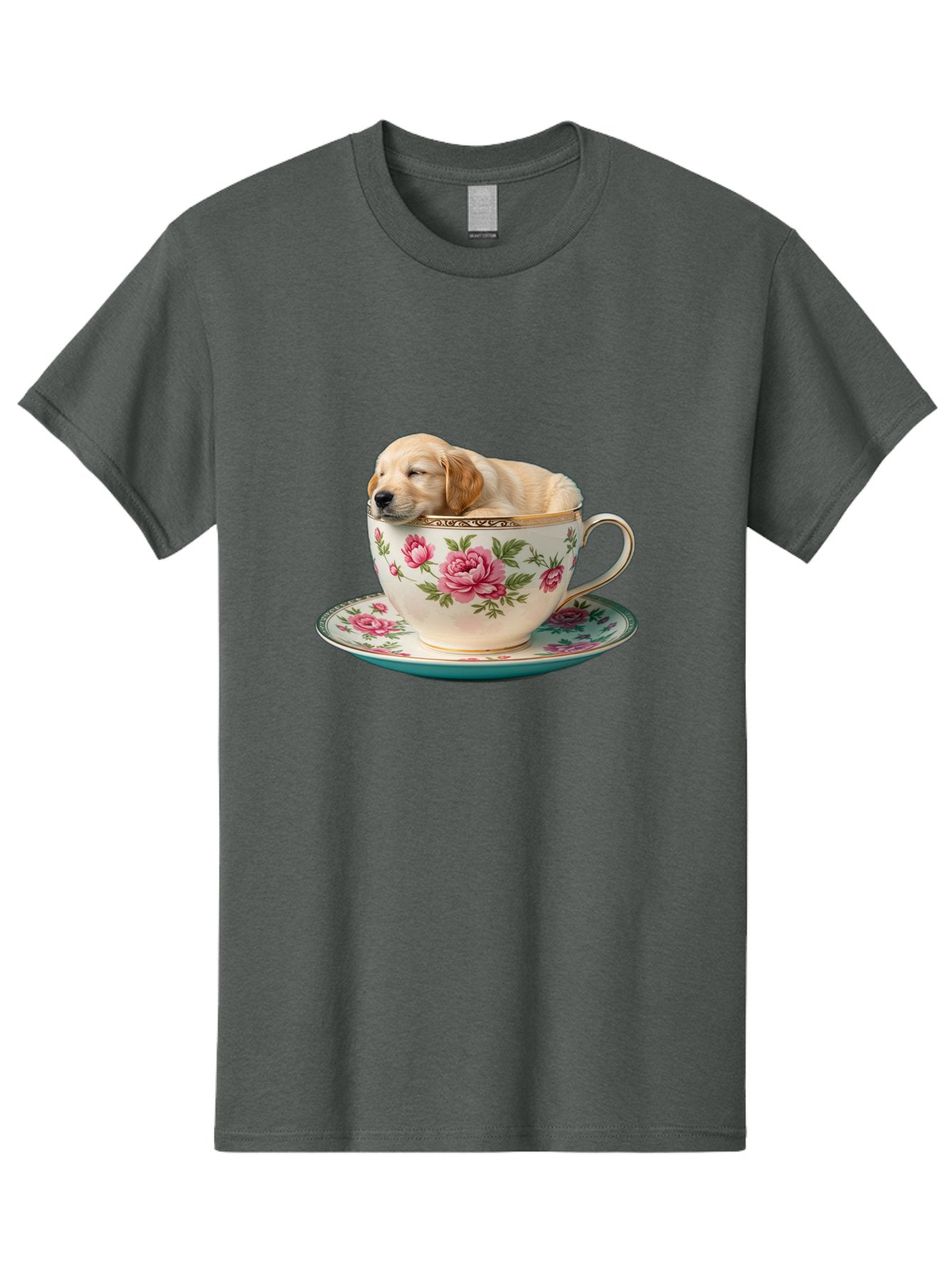 Puppy-In-Tea-Cup Men'S Graphic Tee, 100% Cotton, Comfortable Casual Summer Wear, Machine Washable, Sleeping Puppy, Adorable Puppy, Golden Retriever, Teacup, Floral Pattern, Pink Roses, Delicate China, Whimsical Scene, Cute Animals, Tea Time Bac349 14