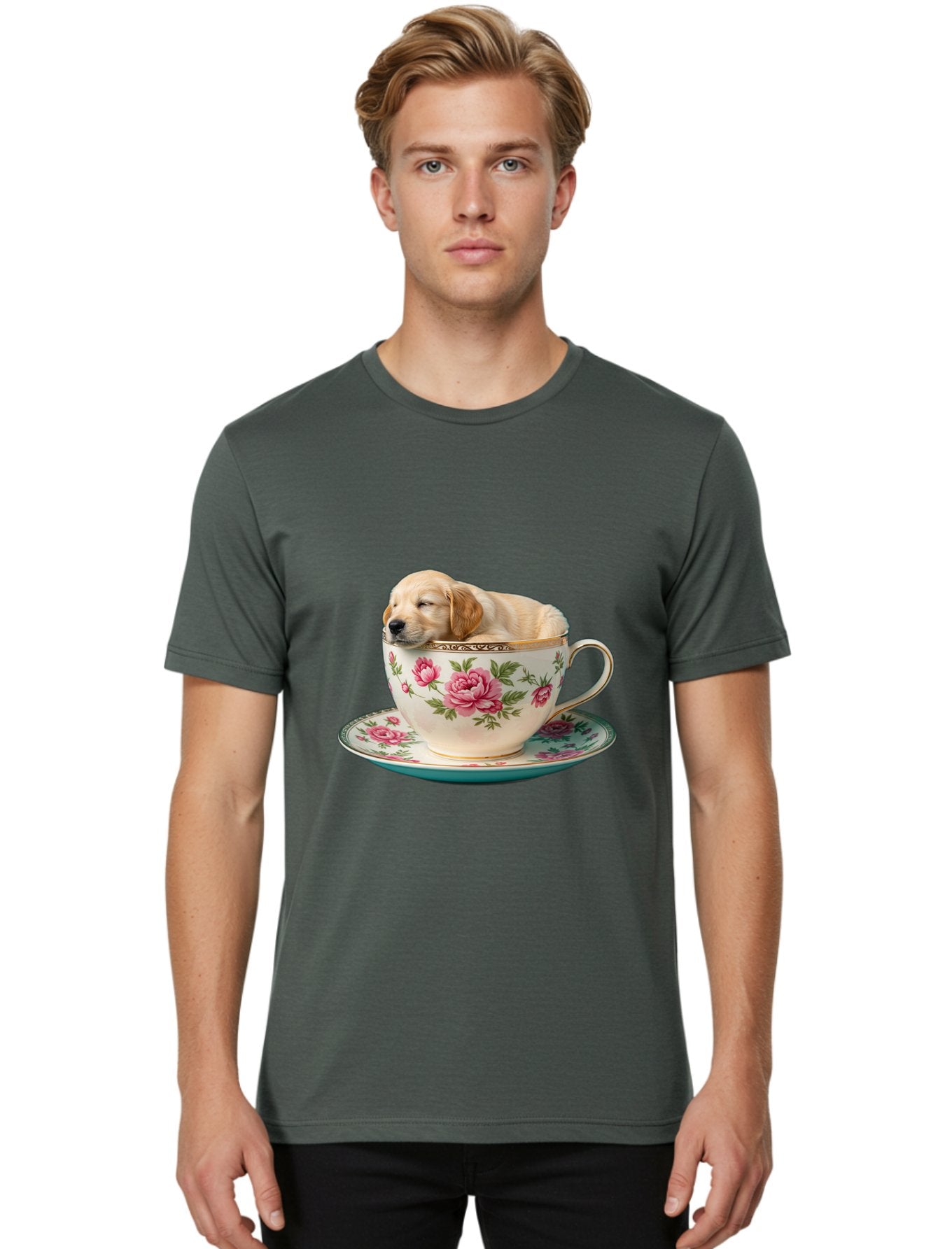 Puppy-In-Tea-Cup Men'S Graphic Tee, 100% Cotton, Comfortable Casual Summer Wear, Machine Washable, Sleeping Puppy, Adorable Puppy, Golden Retriever, Teacup, Floral Pattern, Pink Roses, Delicate China, Whimsical Scene, Cute Animals, Tea Time Bac349 29
