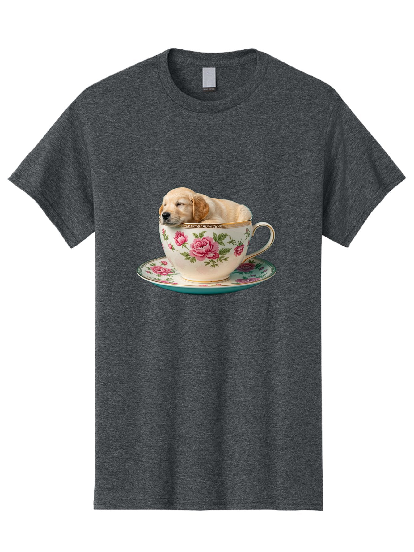 Puppy-In-Tea-Cup Men'S Graphic Tee, 100% Cotton, Comfortable Casual Summer Wear, Machine Washable, Sleeping Puppy, Adorable Puppy, Golden Retriever, Teacup, Floral Pattern, Pink Roses, Delicate China, Whimsical Scene, Cute Animals, Tea Time Bac349 12