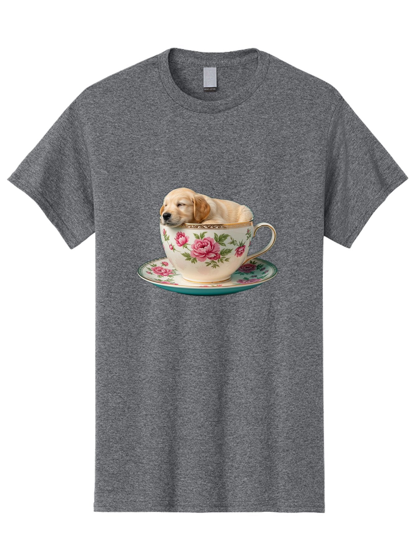 Puppy-In-Tea-Cup Men'S Graphic Tee, 100% Cotton, Comfortable Casual Summer Wear, Machine Washable, Sleeping Puppy, Adorable Puppy, Golden Retriever, Teacup, Floral Pattern, Pink Roses, Delicate China, Whimsical Scene, Cute Animals, Tea Time Bac349 9
