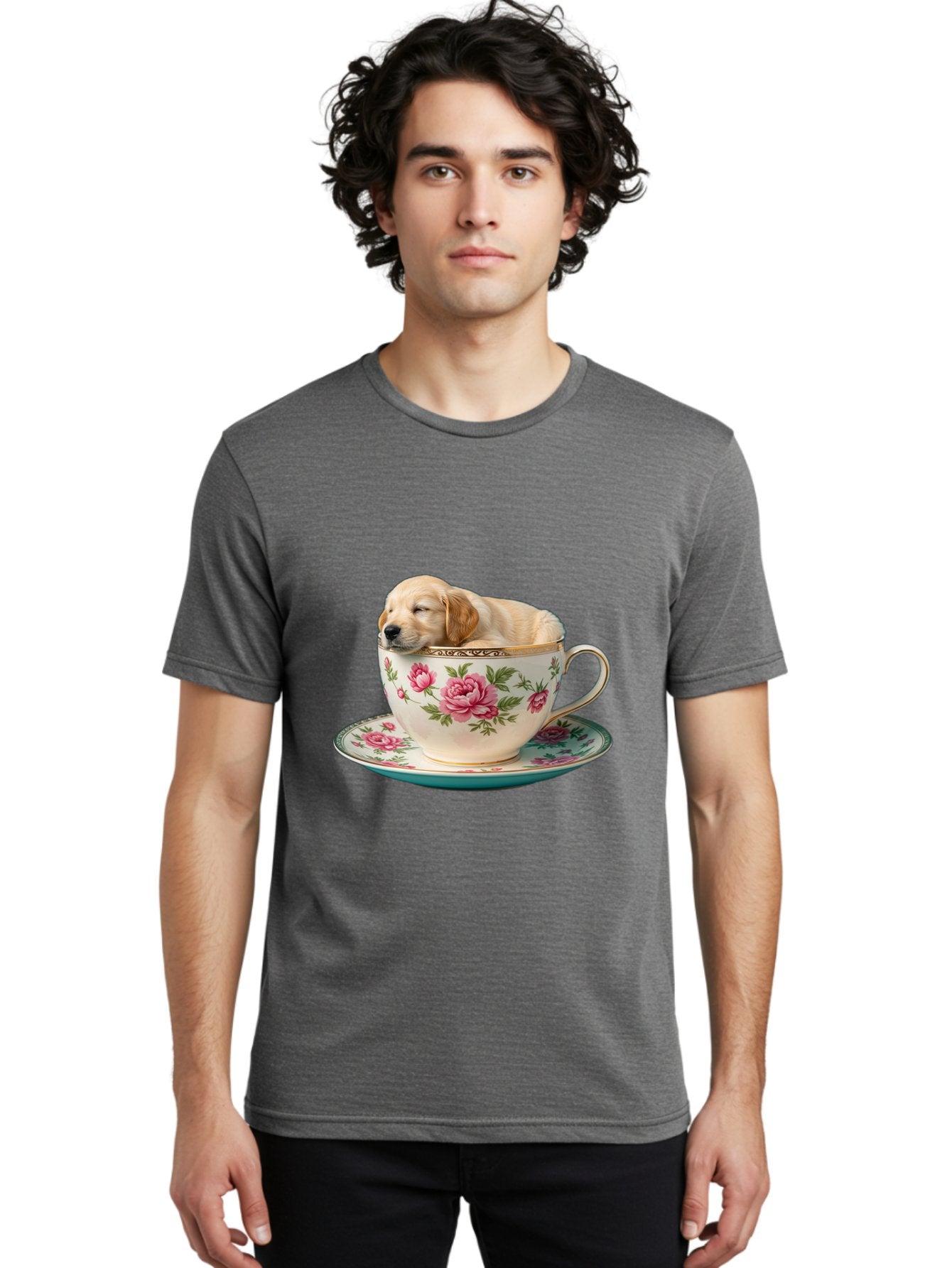 Puppy-In-Tea-Cup Men'S Graphic Tee, 100% Cotton, Comfortable Casual Summer Wear, Machine Washable, Sleeping Puppy, Adorable Puppy, Golden Retriever, Teacup, Floral Pattern, Pink Roses, Delicate China, Whimsical Scene, Cute Animals, Tea Time Bac349 26