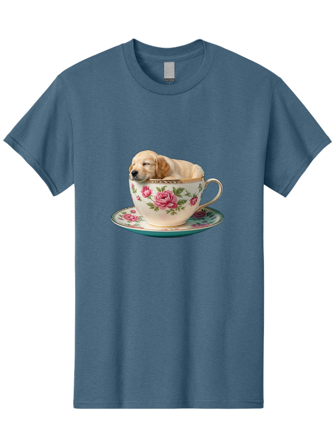 Puppy-In-Tea-Cup Men'S Graphic Tee, 100% Cotton, Comfortable Casual Summer Wear, Machine Washable, Sleeping Puppy, Adorable Puppy, Golden Retriever, Teacup, Floral Pattern, Pink Roses, Delicate China, Whimsical Scene, Cute Animals, Tea Time Bac349 11