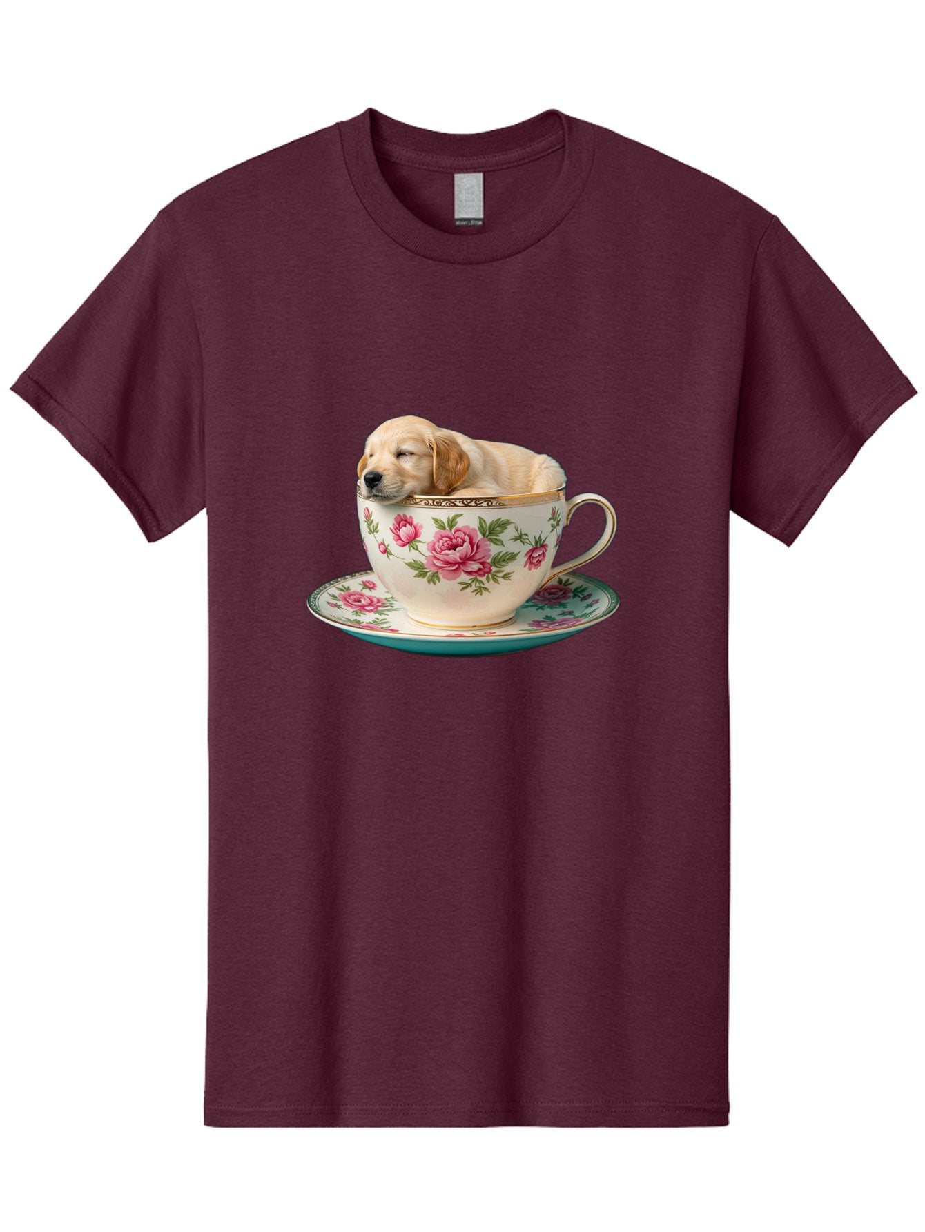 Puppy-In-Tea-Cup Men'S Graphic Tee, 100% Cotton, Comfortable Casual Summer Wear, Machine Washable, Sleeping Puppy, Adorable Puppy, Golden Retriever, Teacup, Floral Pattern, Pink Roses, Delicate China, Whimsical Scene, Cute Animals, Tea Time Bac349 4