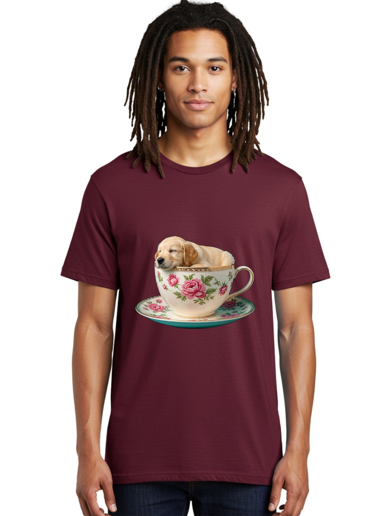 Puppy-In-Tea-Cup Men'S Graphic Tee, 100% Cotton, Comfortable Casual Summer Wear, Machine Washable, Sleeping Puppy, Adorable Puppy, Golden Retriever, Teacup, Floral Pattern, Pink Roses, Delicate China, Whimsical Scene, Cute Animals, Tea Time Bac349 18