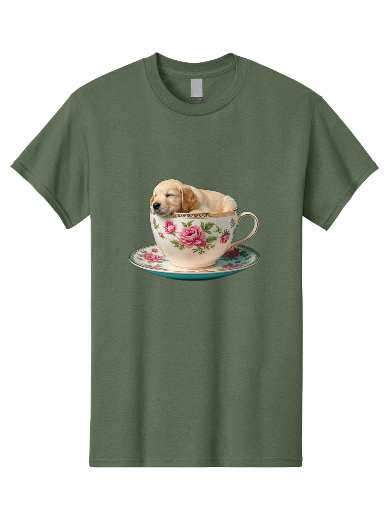 Puppy-In-Tea-Cup Men'S Graphic Tee, 100% Cotton, Comfortable Casual Summer Wear, Machine Washable, Sleeping Puppy, Adorable Puppy, Golden Retriever, Teacup, Floral Pattern, Pink Roses, Delicate China, Whimsical Scene, Cute Animals, Tea Time Bac349 6