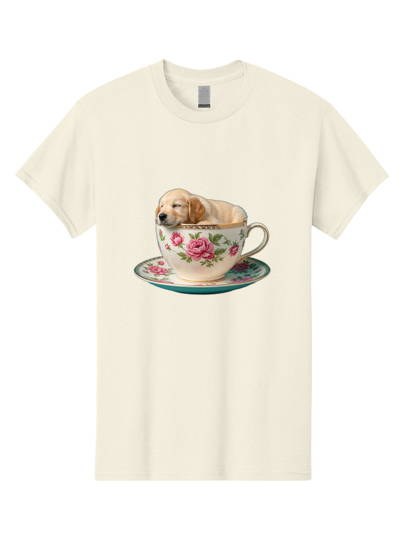 Puppy-In-Tea-Cup Men'S Graphic Tee, 100% Cotton, Comfortable Casual Summer Wear, Machine Washable, Sleeping Puppy, Adorable Puppy, Golden Retriever, Teacup, Floral Pattern, Pink Roses, Delicate China, Whimsical Scene, Cute Animals, Tea Time Bac349 10