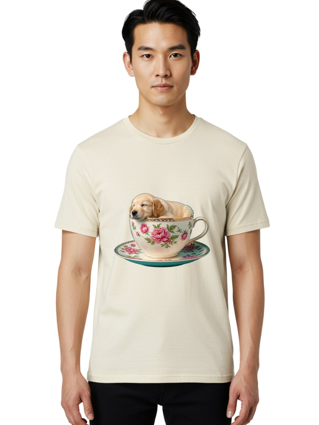 Puppy-In-Tea-Cup Men'S Graphic Tee, 100% Cotton, Comfortable Casual Summer Wear, Machine Washable, Sleeping Puppy, Adorable Puppy, Golden Retriever, Teacup, Floral Pattern, Pink Roses, Delicate China, Whimsical Scene, Cute Animals, Tea Time Bac349 17