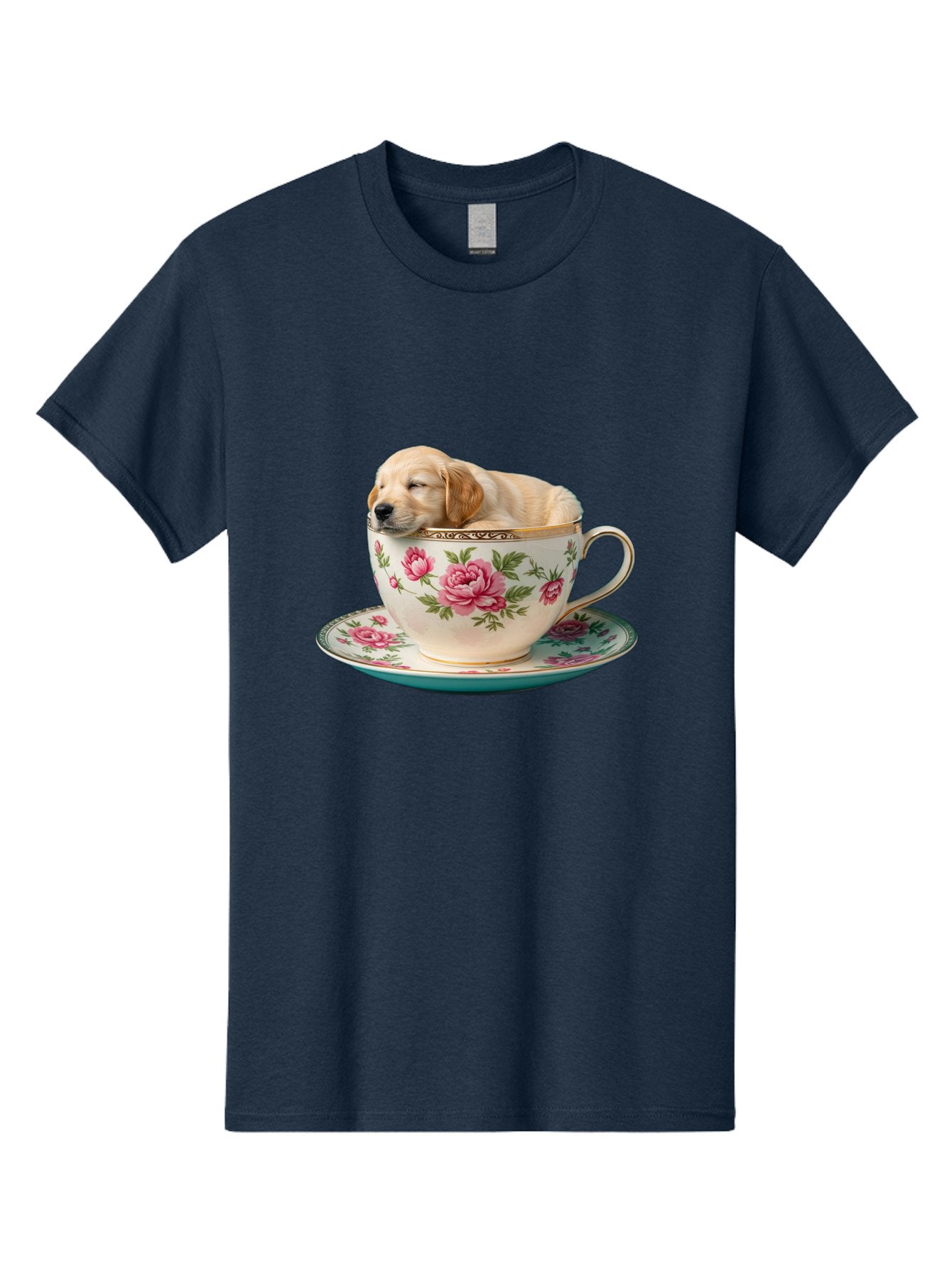 Puppy-In-Tea-Cup Men'S Graphic Tee, 100% Cotton, Comfortable Casual Summer Wear, Machine Washable, Sleeping Puppy, Adorable Puppy, Golden Retriever, Teacup, Floral Pattern, Pink Roses, Delicate China, Whimsical Scene, Cute Animals, Tea Time Bac349 5