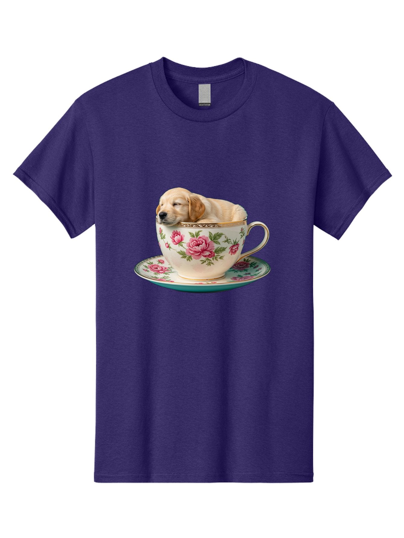 Puppy-In-Tea-Cup Men'S Graphic Tee, 100% Cotton, Comfortable Casual Summer Wear, Machine Washable, Sleeping Puppy, Adorable Puppy, Golden Retriever, Teacup, Floral Pattern, Pink Roses, Delicate China, Whimsical Scene, Cute Animals, Tea Time Bac349 7
