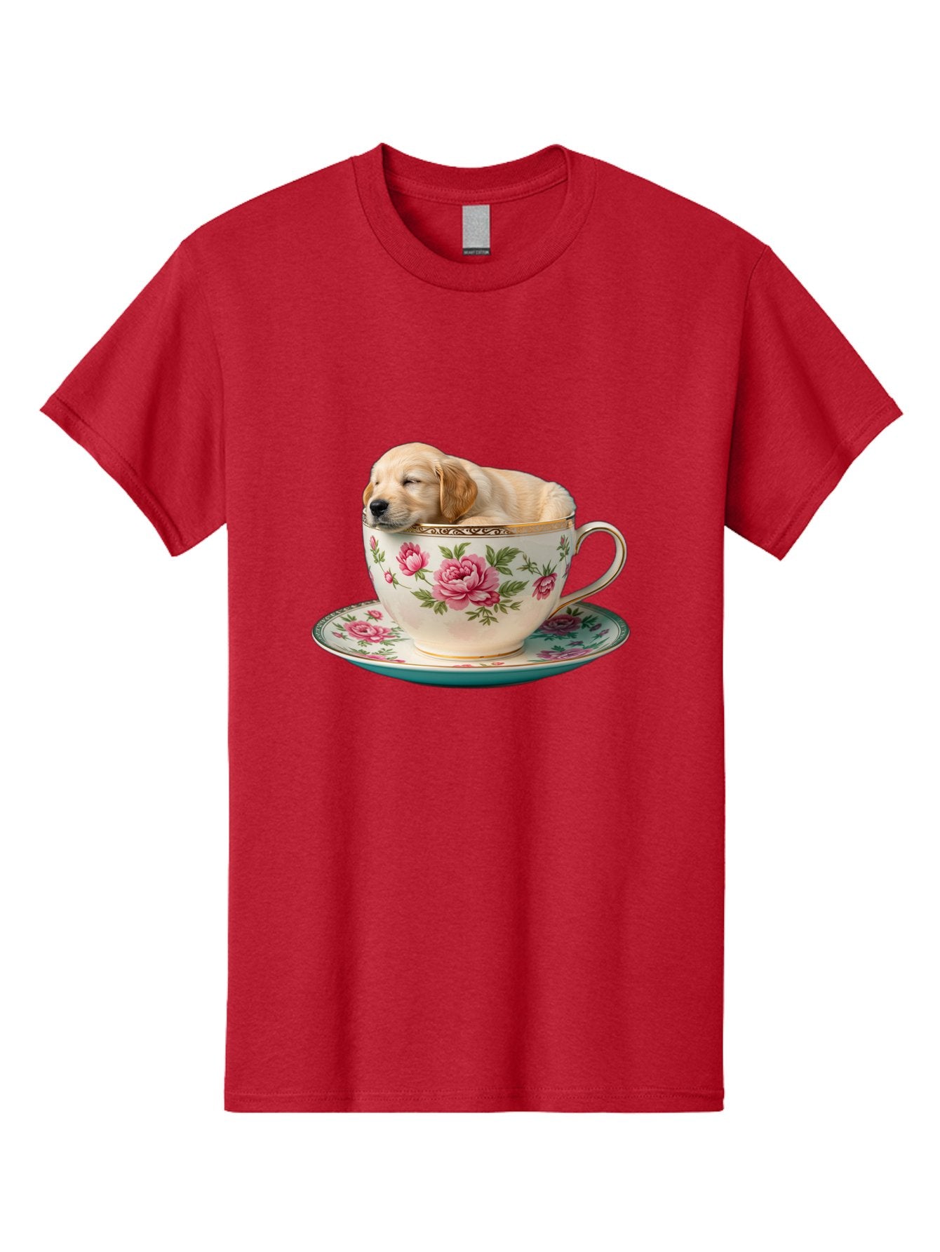 Puppy-In-Tea-Cup Men'S Graphic Tee, 100% Cotton, Comfortable Casual Summer Wear, Machine Washable, Sleeping Puppy, Adorable Puppy, Golden Retriever, Teacup, Floral Pattern, Pink Roses, Delicate China, Whimsical Scene, Cute Animals, Tea Time Bac349