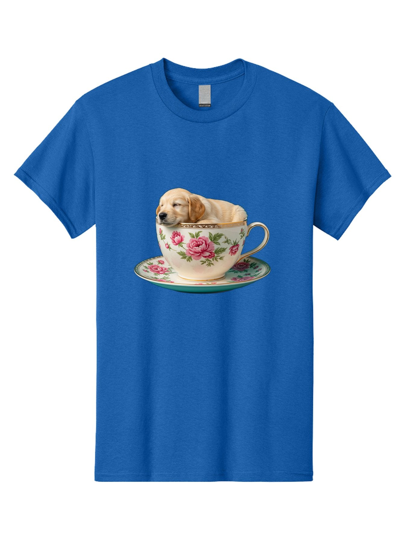 Puppy-In-Tea-Cup Men'S Graphic Tee, 100% Cotton, Comfortable Casual Summer Wear, Machine Washable, Sleeping Puppy, Adorable Puppy, Golden Retriever, Teacup, Floral Pattern, Pink Roses, Delicate China, Whimsical Scene, Cute Animals, Tea Time Bac349 15