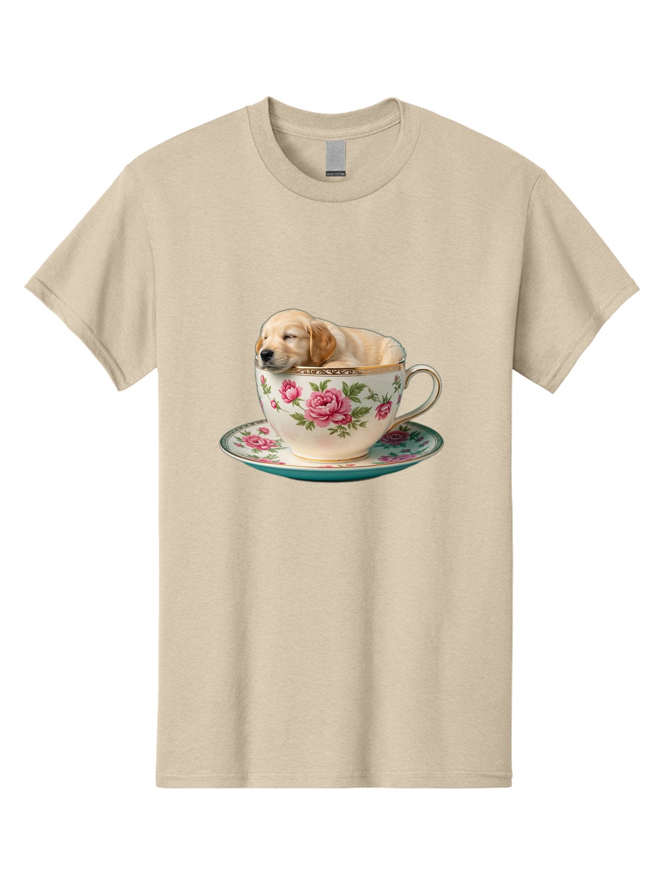 Puppy-In-Tea-Cup Men'S Graphic Tee, 100% Cotton, Comfortable Casual Summer Wear, Machine Washable, Sleeping Puppy, Adorable Puppy, Golden Retriever, Teacup, Floral Pattern, Pink Roses, Delicate China, Whimsical Scene, Cute Animals, Tea Time Bac349 13