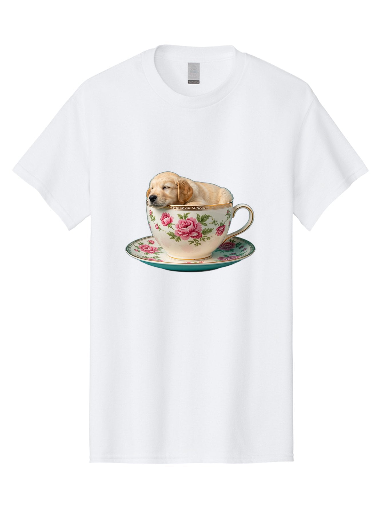Puppy-In-Tea-Cup Men'S Graphic Tee, 100% Cotton, Comfortable Casual Summer Wear, Machine Washable, Sleeping Puppy, Adorable Puppy, Golden Retriever, Teacup, Floral Pattern, Pink Roses, Delicate China, Whimsical Scene, Cute Animals, Tea Time Bac349