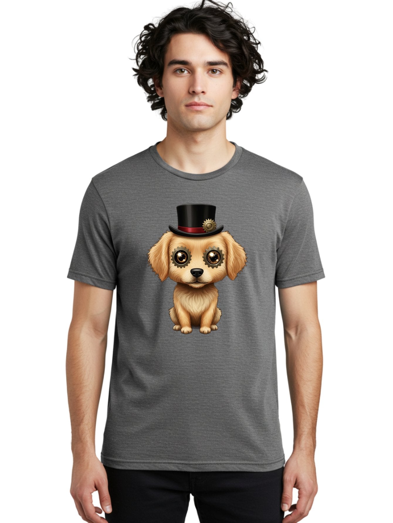 Puppy-In-Top-Hat Men'S Graphic Tee, 100% Cotton, Comfortable Casual Summer Wear, Machine Washable, Steampunk Dog, Puppy With Hat, Gear Eyes, Vintage Style, Unique Accessories, Fantasy Animal, Imaginative Design, Steampunk Art, Bac350 29