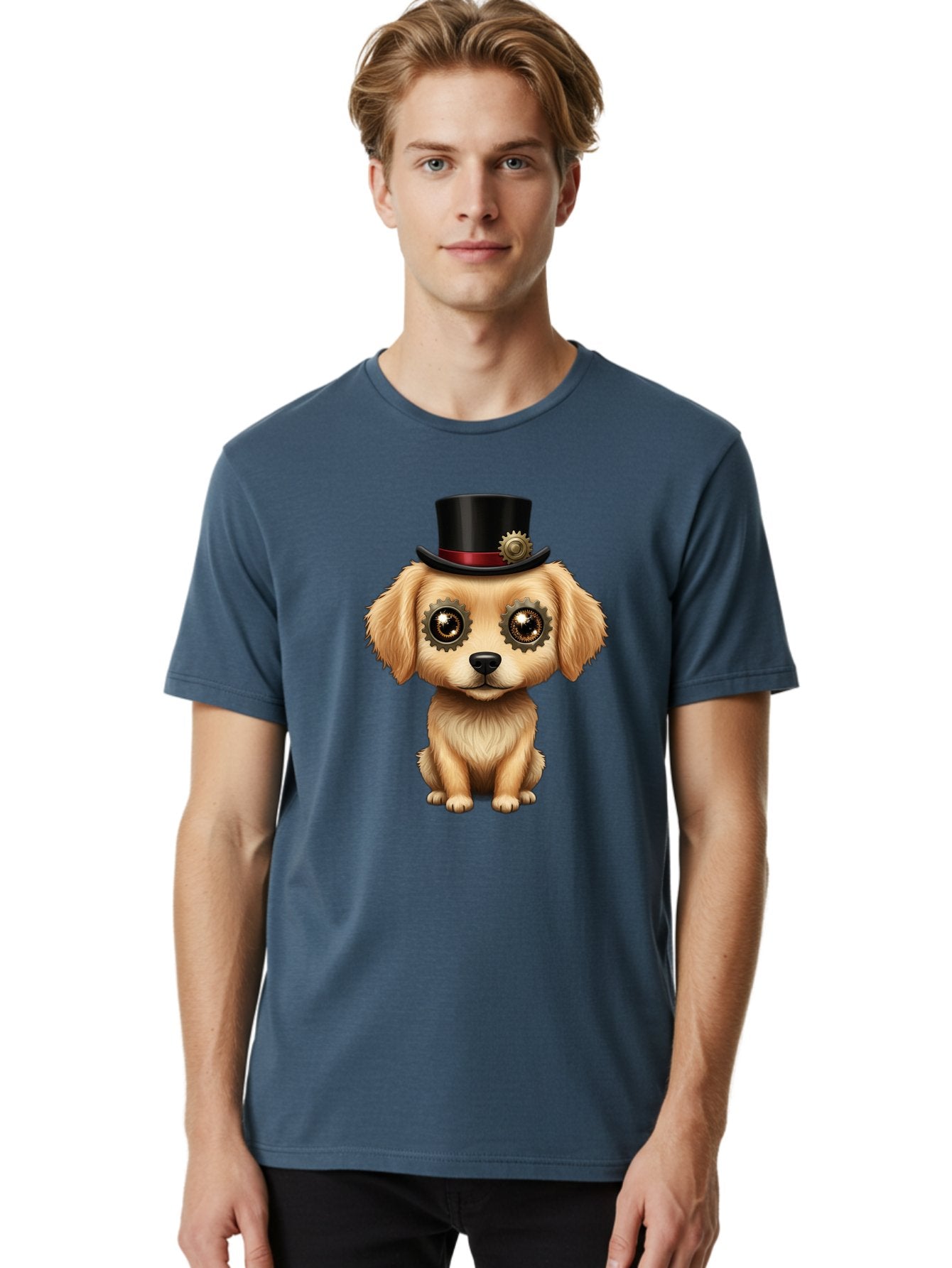 Puppy-In-Top-Hat Men'S Graphic Tee, 100% Cotton, Comfortable Casual Summer Wear, Machine Washable, Steampunk Dog, Puppy With Hat, Gear Eyes, Vintage Style, Unique Accessories, Fantasy Animal, Imaginative Design, Steampunk Art, Bac350 23