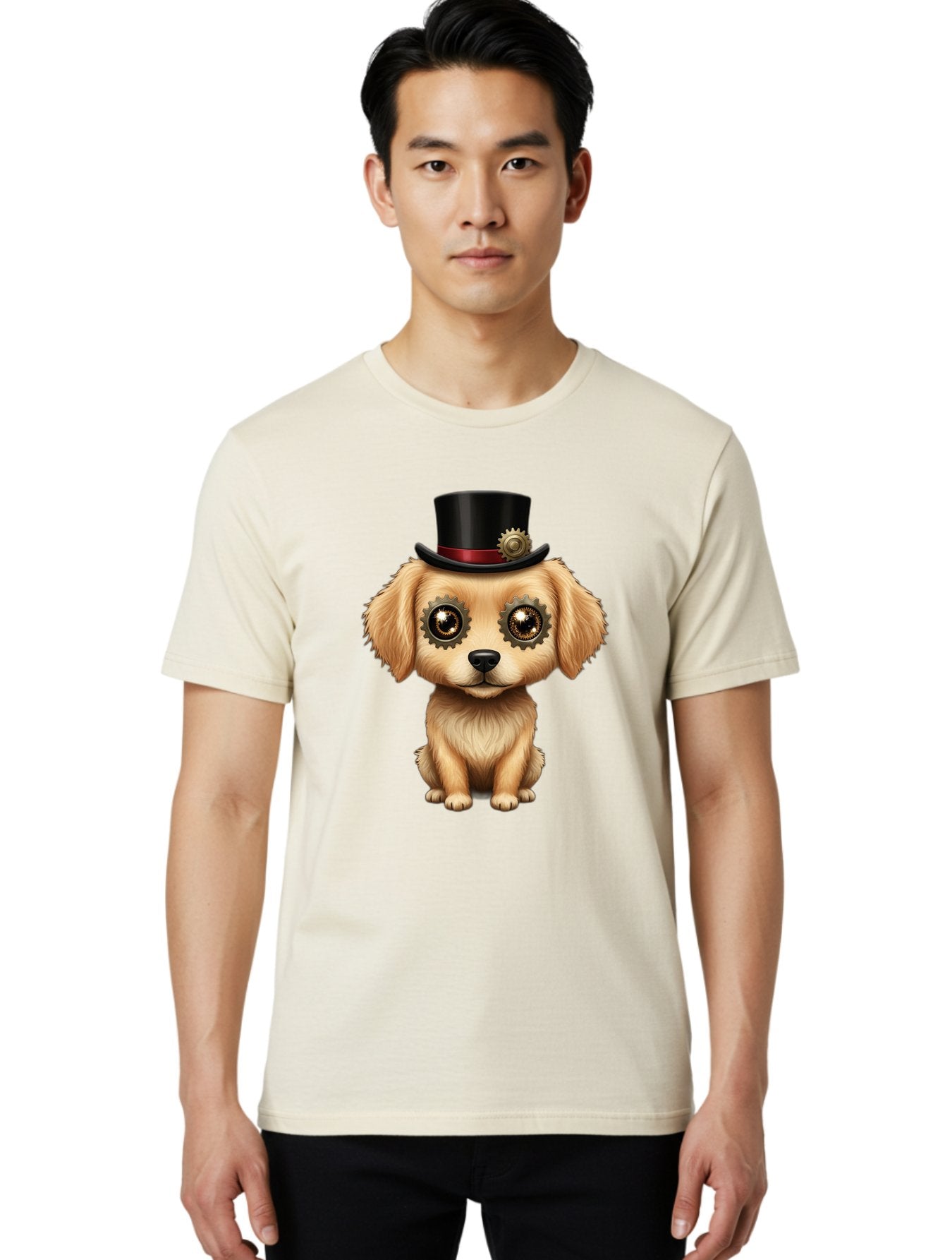 Puppy-In-Top-Hat Men'S Graphic Tee, 100% Cotton, Comfortable Casual Summer Wear, Machine Washable, Steampunk Dog, Puppy With Hat, Gear Eyes, Vintage Style, Unique Accessories, Fantasy Animal, Imaginative Design, Steampunk Art, Bac350 28