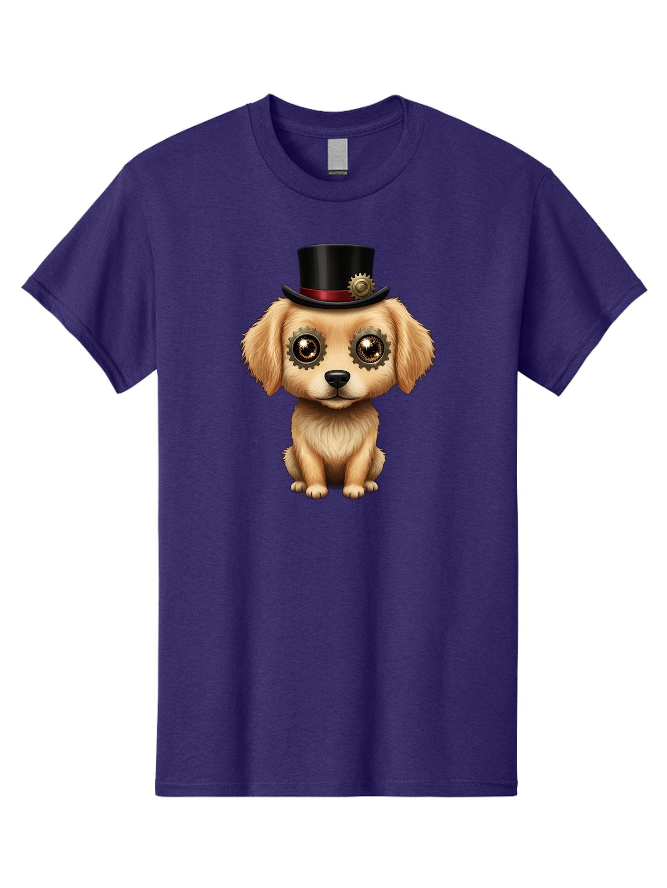 Puppy-In-Top-Hat Men'S Graphic Tee, 100% Cotton, Comfortable Casual Summer Wear, Machine Washable, Steampunk Dog, Puppy With Hat, Gear Eyes, Vintage Style, Unique Accessories, Fantasy Animal, Imaginative Design, Steampunk Art, Bac350