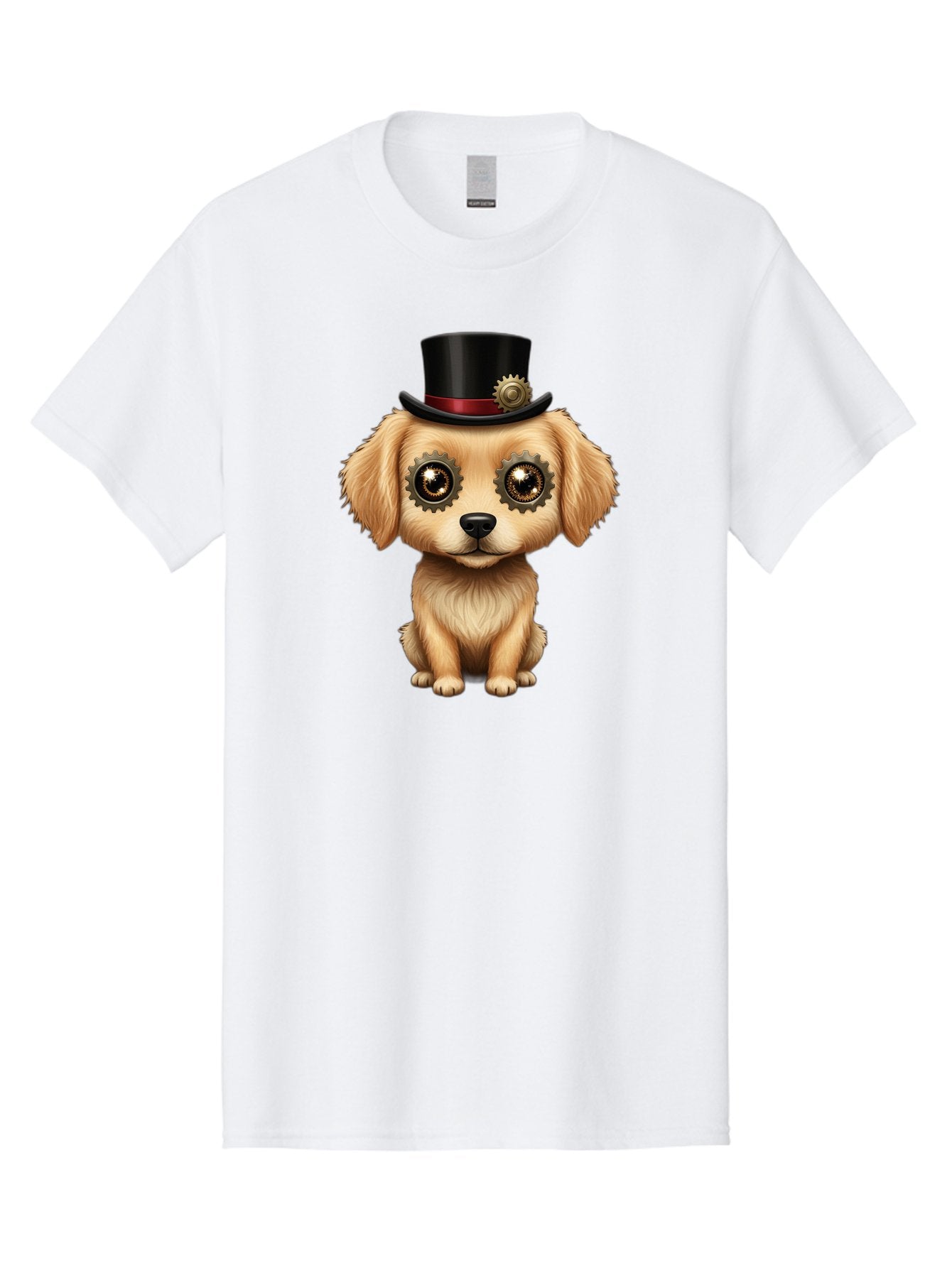 Puppy-In-Top-Hat Men'S Graphic Tee, 100% Cotton, Comfortable Casual Summer Wear, Machine Washable, Steampunk Dog, Puppy With Hat, Gear Eyes, Vintage Style, Unique Accessories, Fantasy Animal, Imaginative Design, Steampunk Art, Bac350