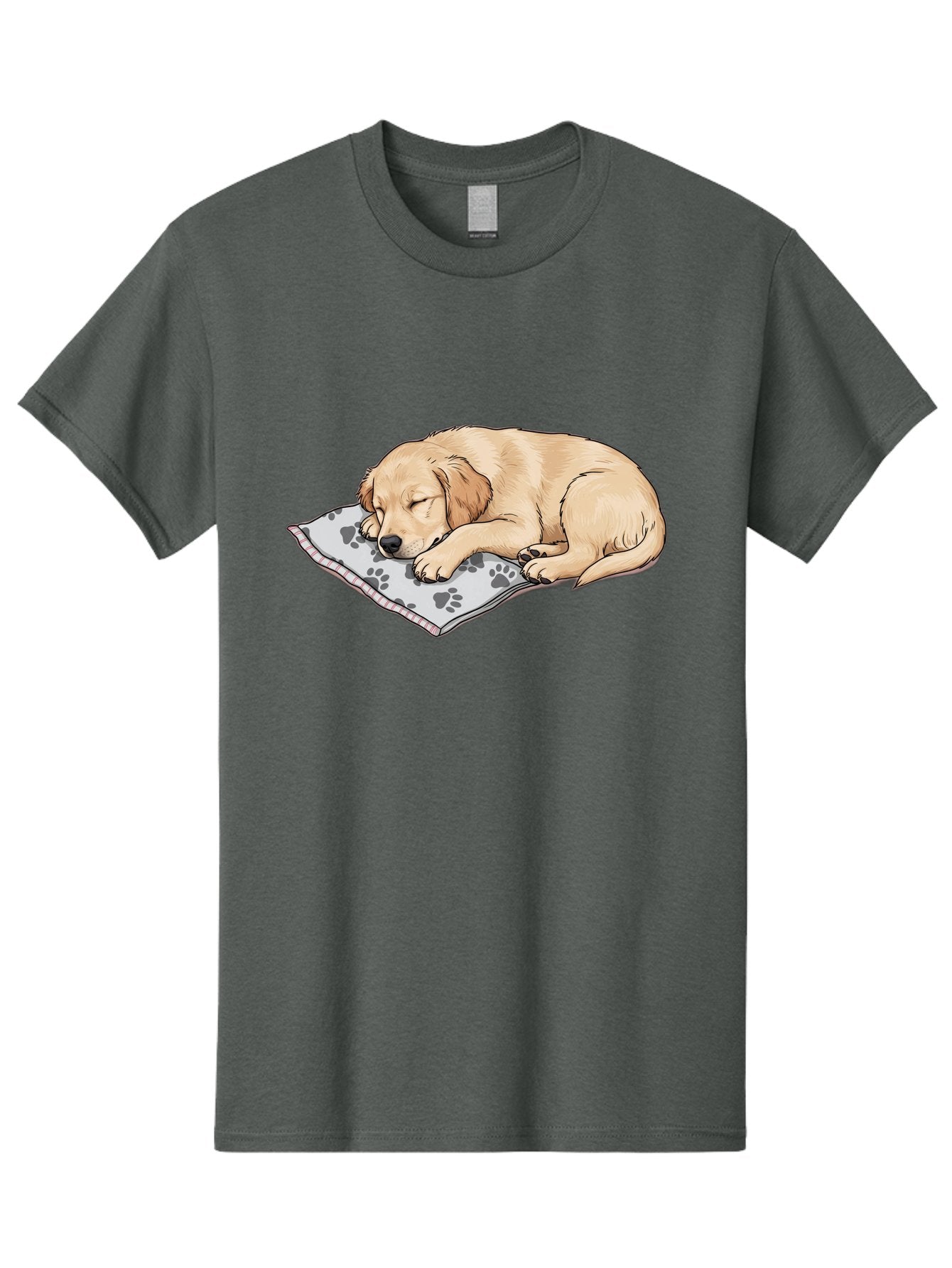 Puppy-Sleeping-On-Paw-Print-Blanket Men'S Graphic Tee, 100% Cotton, Comfortable Casual Summer Wear, Machine Washable, Sleeping Puppy, Golden Retriever, Animal Rest, Dog Blanket, Paw Prints, Cozy Atmosphere, Cartoon Illustration, Adorable Pet Bac351 15