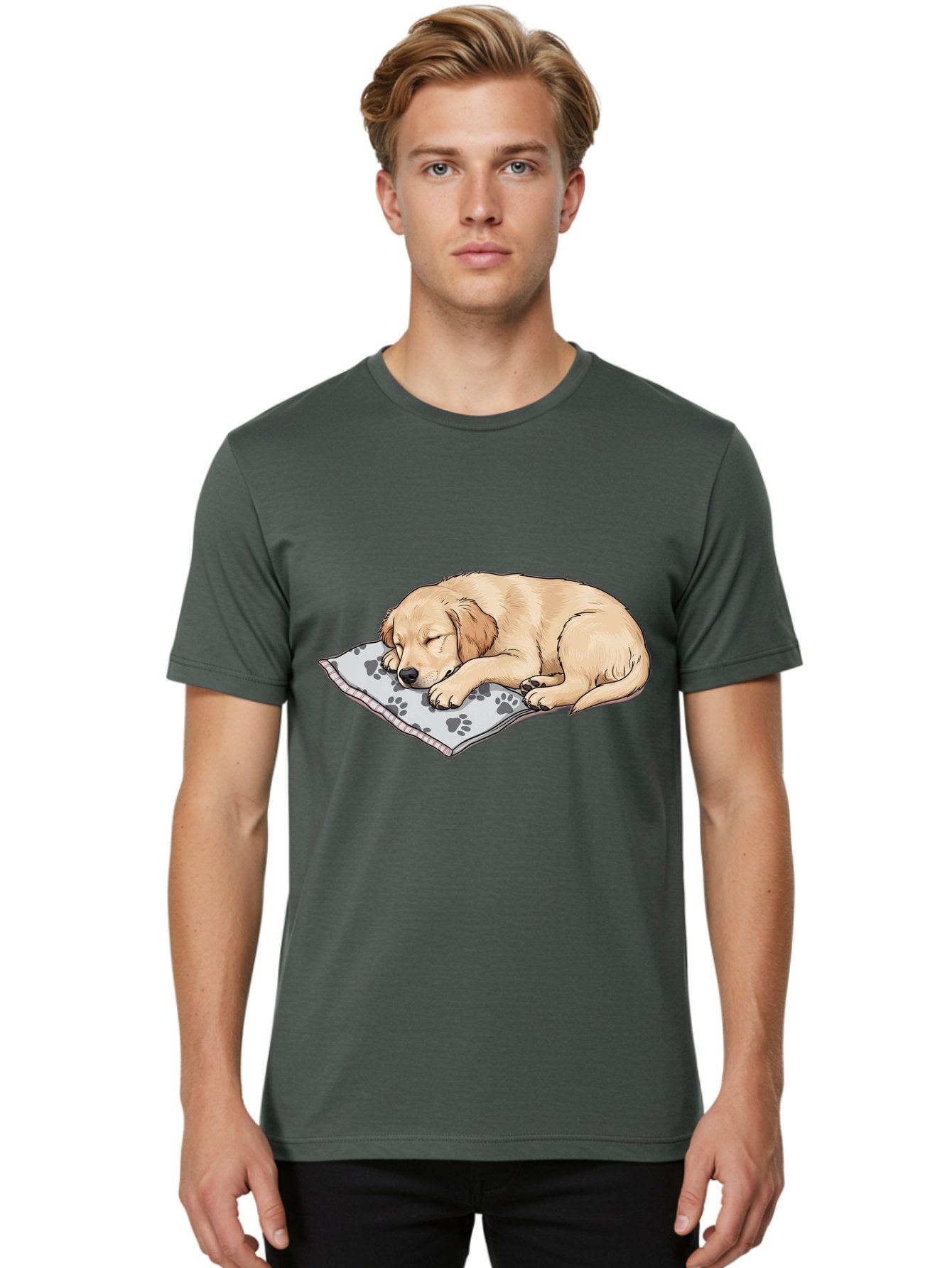 Puppy-Sleeping-On-Paw-Print-Blanket Men'S Graphic Tee, 100% Cotton, Comfortable Casual Summer Wear, Machine Washable, Sleeping Puppy, Golden Retriever, Animal Rest, Dog Blanket, Paw Prints, Cozy Atmosphere, Cartoon Illustration, Adorable Pet Bac351 30