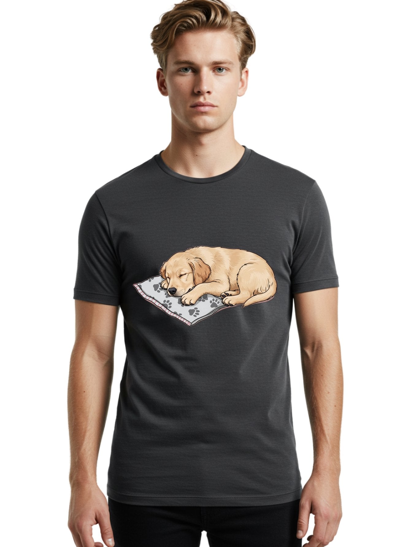 Puppy-Sleeping-On-Paw-Print-Blanket Men'S Graphic Tee, 100% Cotton, Comfortable Casual Summer Wear, Machine Washable, Sleeping Puppy, Golden Retriever, Animal Rest, Dog Blanket, Paw Prints, Cozy Atmosphere, Cartoon Illustration, Adorable Pet Bac351 25