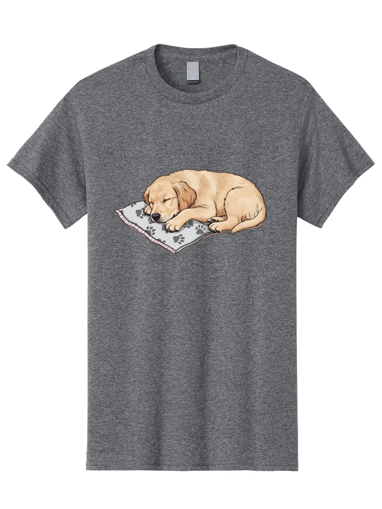 Puppy-Sleeping-On-Paw-Print-Blanket Men'S Graphic Tee, 100% Cotton, Comfortable Casual Summer Wear, Machine Washable, Sleeping Puppy, Golden Retriever, Animal Rest, Dog Blanket, Paw Prints, Cozy Atmosphere, Cartoon Illustration, Adorable Pet Bac351 7