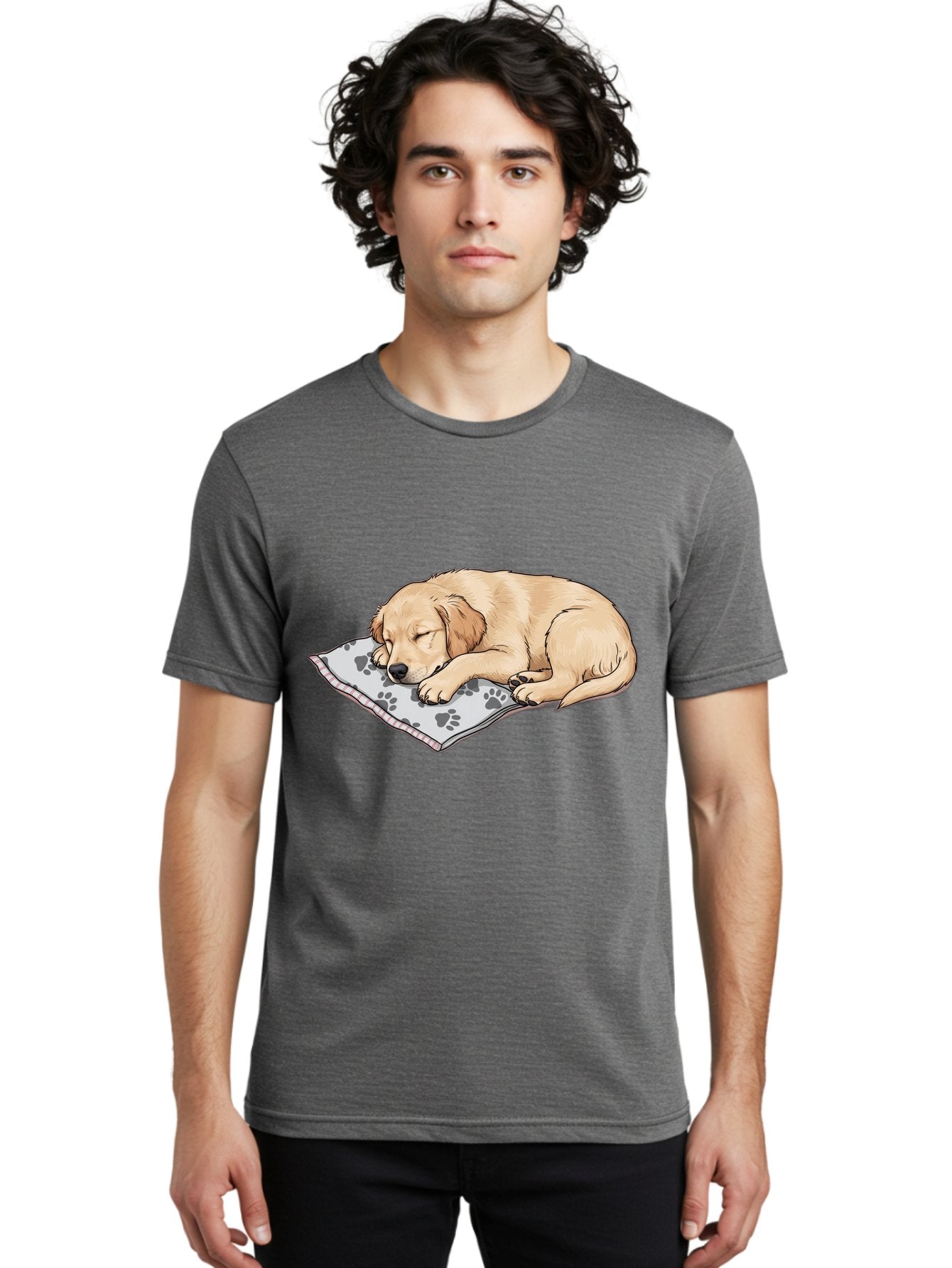 Puppy-Sleeping-On-Paw-Print-Blanket Men'S Graphic Tee, 100% Cotton, Comfortable Casual Summer Wear, Machine Washable, Sleeping Puppy, Golden Retriever, Animal Rest, Dog Blanket, Paw Prints, Cozy Atmosphere, Cartoon Illustration, Adorable Pet Bac351 16