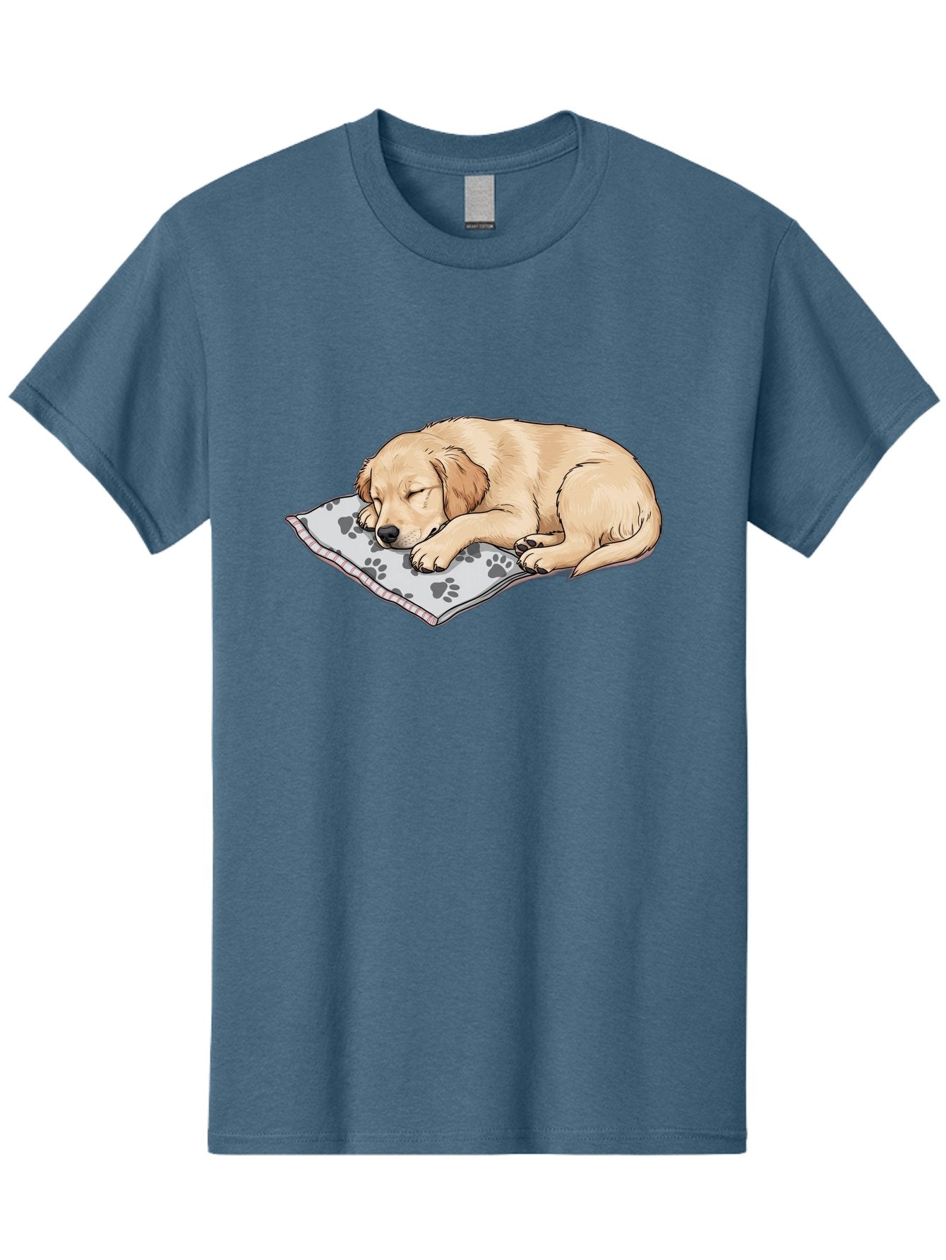 Puppy-Sleeping-On-Paw-Print-Blanket Men'S Graphic Tee, 100% Cotton, Comfortable Casual Summer Wear, Machine Washable, Sleeping Puppy, Golden Retriever, Animal Rest, Dog Blanket, Paw Prints, Cozy Atmosphere, Cartoon Illustration, Adorable Pet Bac351 6