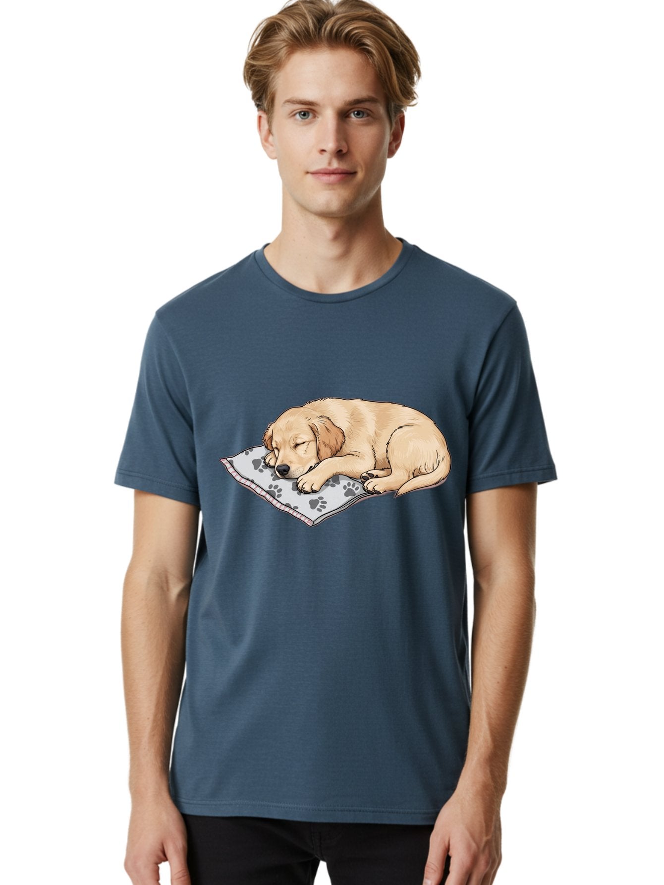 Puppy-Sleeping-On-Paw-Print-Blanket Men'S Graphic Tee, 100% Cotton, Comfortable Casual Summer Wear, Machine Washable, Sleeping Puppy, Golden Retriever, Animal Rest, Dog Blanket, Paw Prints, Cozy Atmosphere, Cartoon Illustration, Adorable Pet Bac351 24