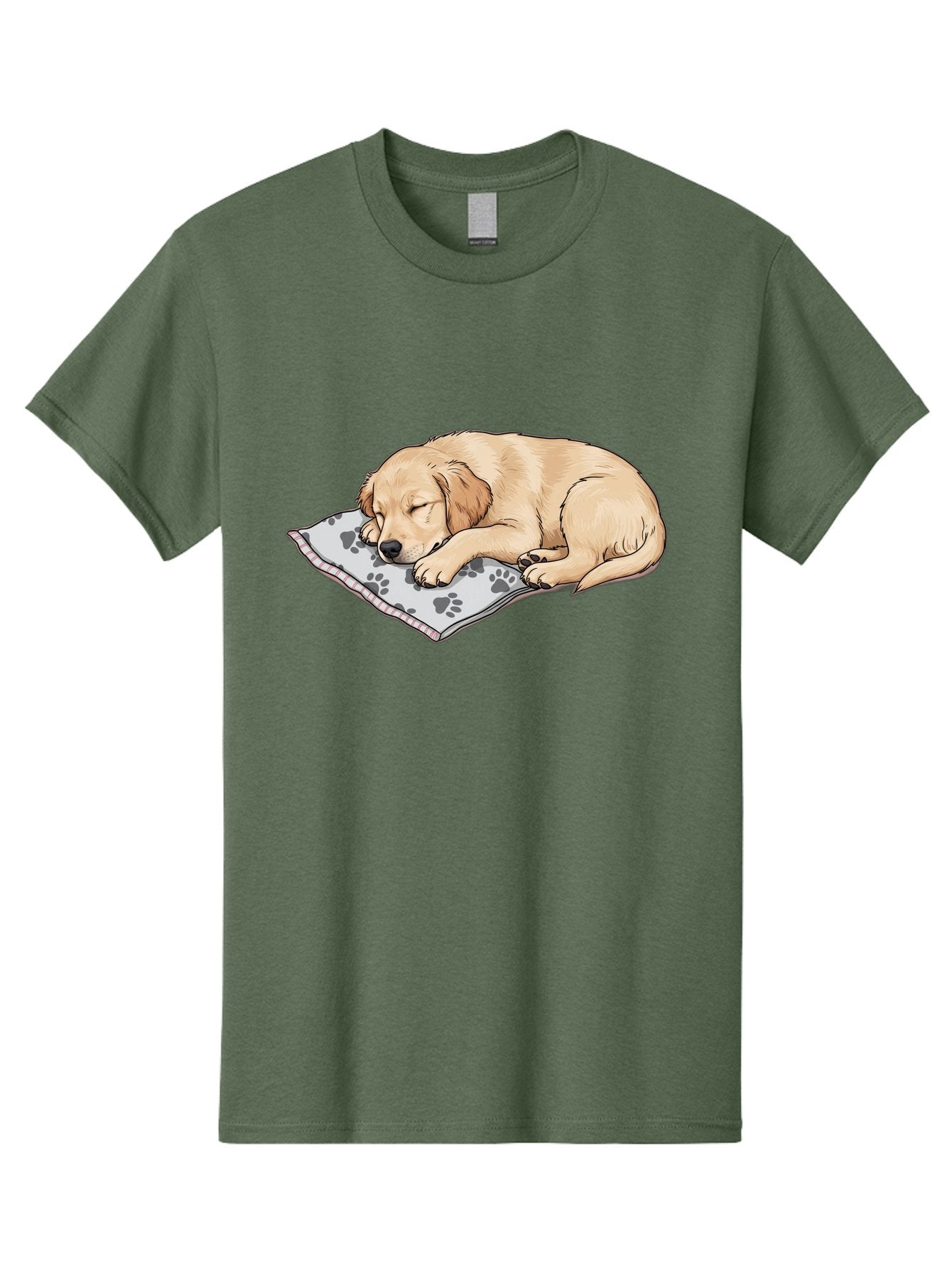 Puppy-Sleeping-On-Paw-Print-Blanket Men'S Graphic Tee, 100% Cotton, Comfortable Casual Summer Wear, Machine Washable, Sleeping Puppy, Golden Retriever, Animal Rest, Dog Blanket, Paw Prints, Cozy Atmosphere, Cartoon Illustration, Adorable Pet Bac351