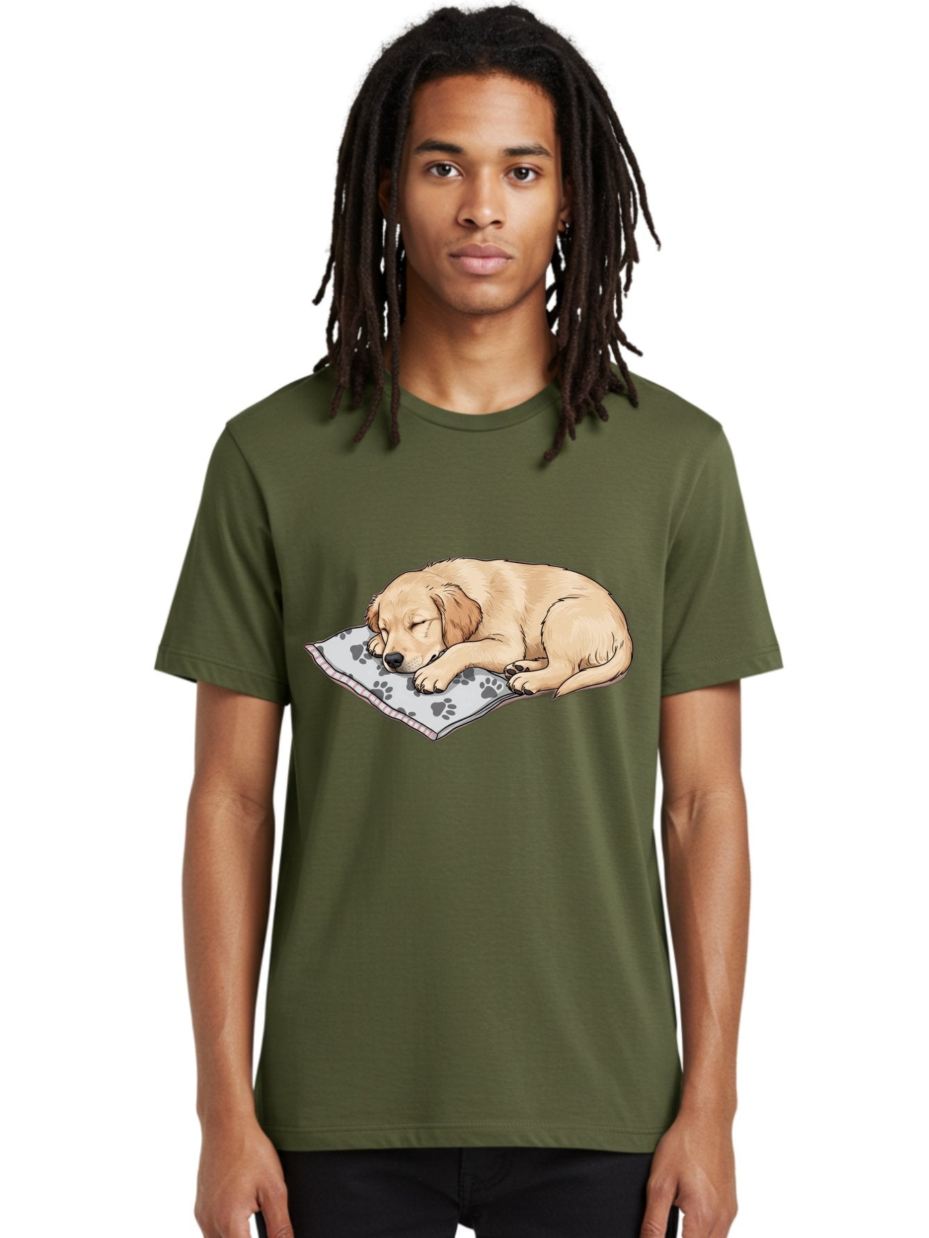 Puppy-Sleeping-On-Paw-Print-Blanket Men'S Graphic Tee, 100% Cotton, Comfortable Casual Summer Wear, Machine Washable, Sleeping Puppy, Golden Retriever, Animal Rest, Dog Blanket, Paw Prints, Cozy Atmosphere, Cartoon Illustration, Adorable Pet Bac351 21