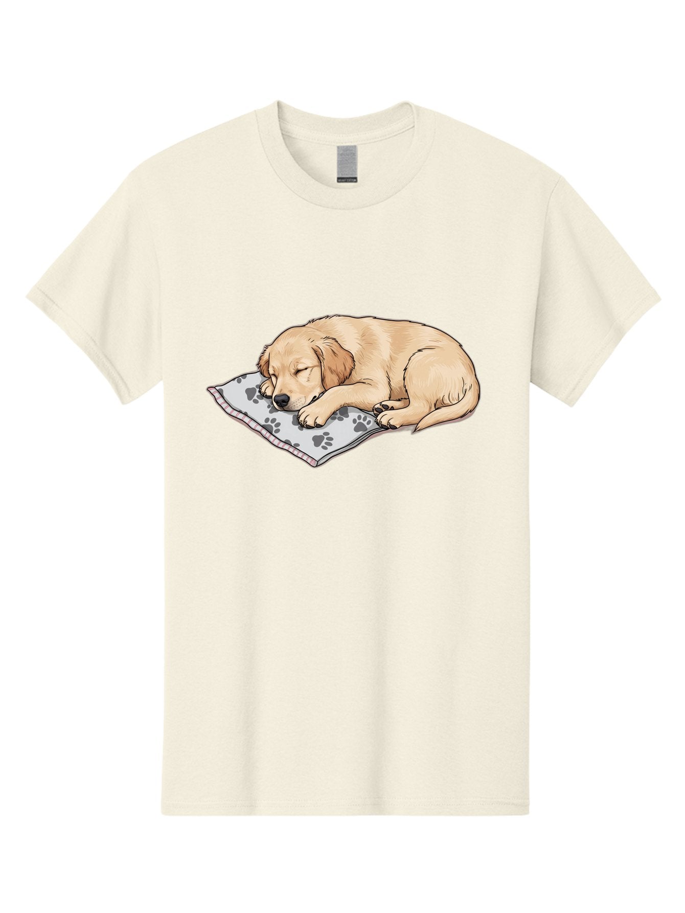 Puppy-Sleeping-On-Paw-Print-Blanket Men'S Graphic Tee, 100% Cotton, Comfortable Casual Summer Wear, Machine Washable, Sleeping Puppy, Golden Retriever, Animal Rest, Dog Blanket, Paw Prints, Cozy Atmosphere, Cartoon Illustration, Adorable Pet Bac351 14