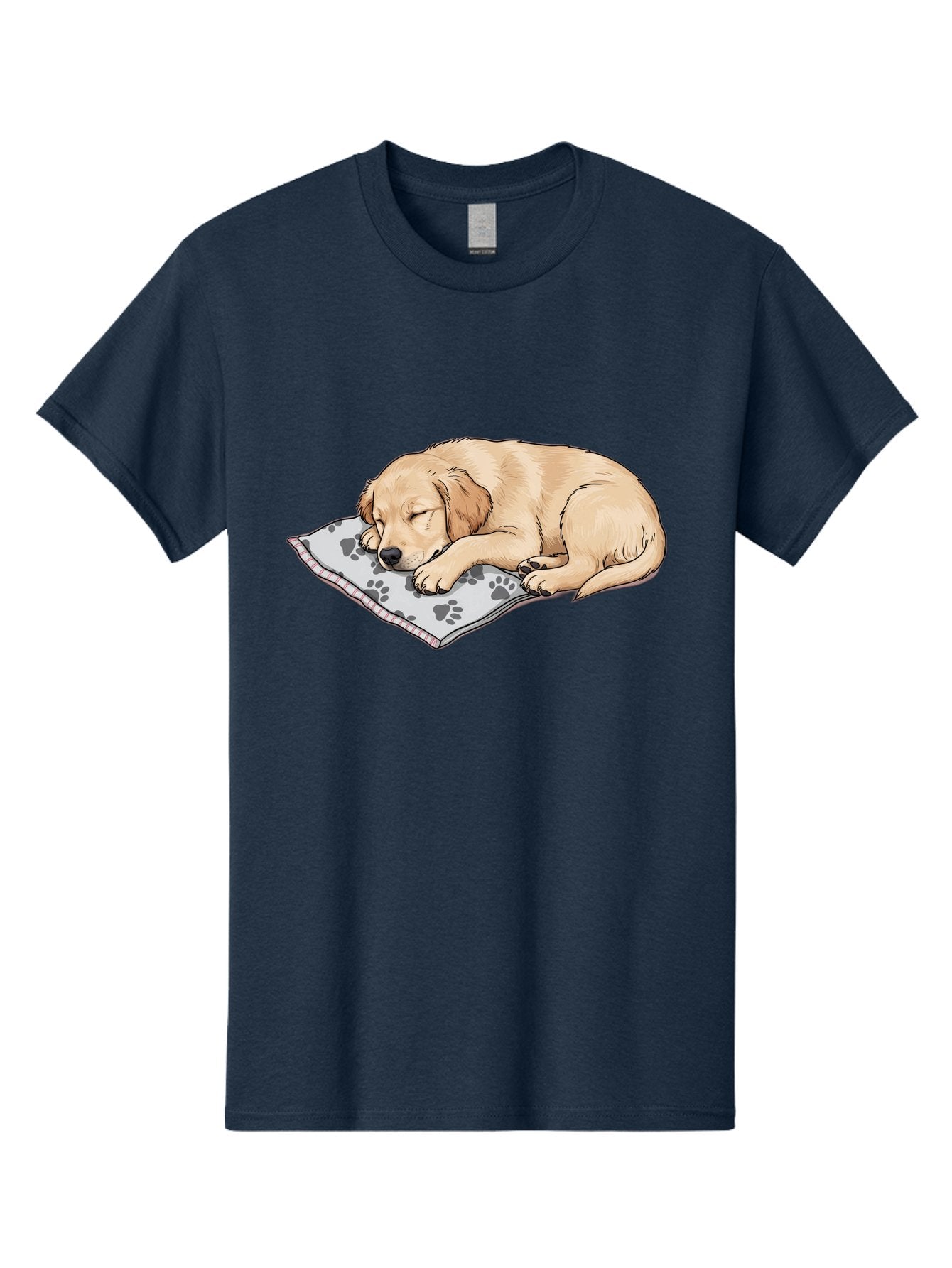 Puppy-Sleeping-On-Paw-Print-Blanket Men'S Graphic Tee, 100% Cotton, Comfortable Casual Summer Wear, Machine Washable, Sleeping Puppy, Golden Retriever, Animal Rest, Dog Blanket, Paw Prints, Cozy Atmosphere, Cartoon Illustration, Adorable Pet Bac351 11